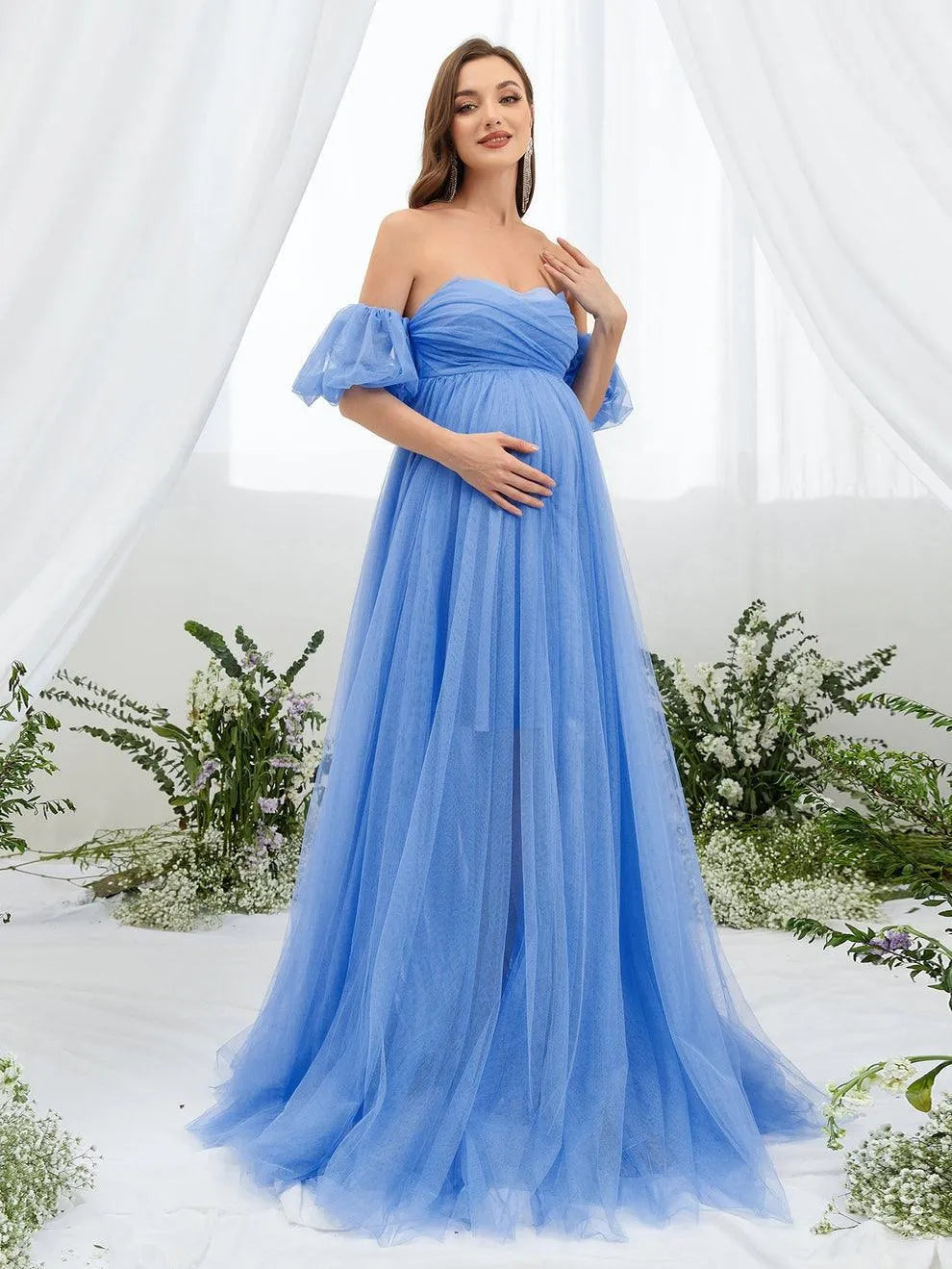 Maternity Off Shoulder Puff Sleeve Mesh Overlay Dress