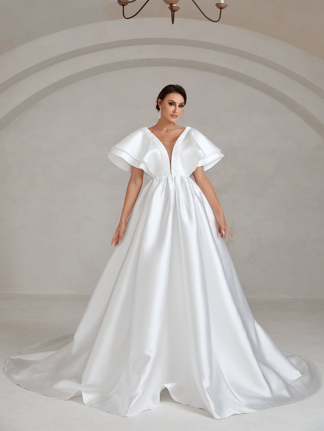 Backless Ruffle Layered Sleeve Wedding Dress