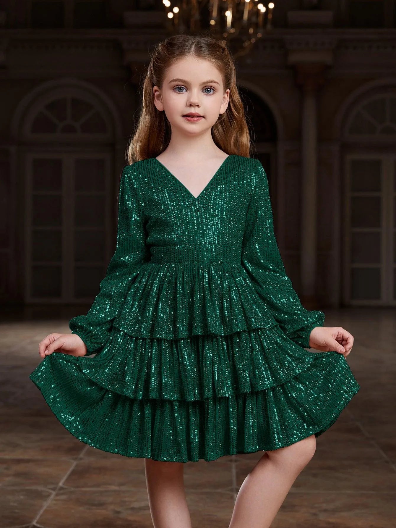 Tween Girls' Backless V Neck Layered Hem Sequin Party Dress