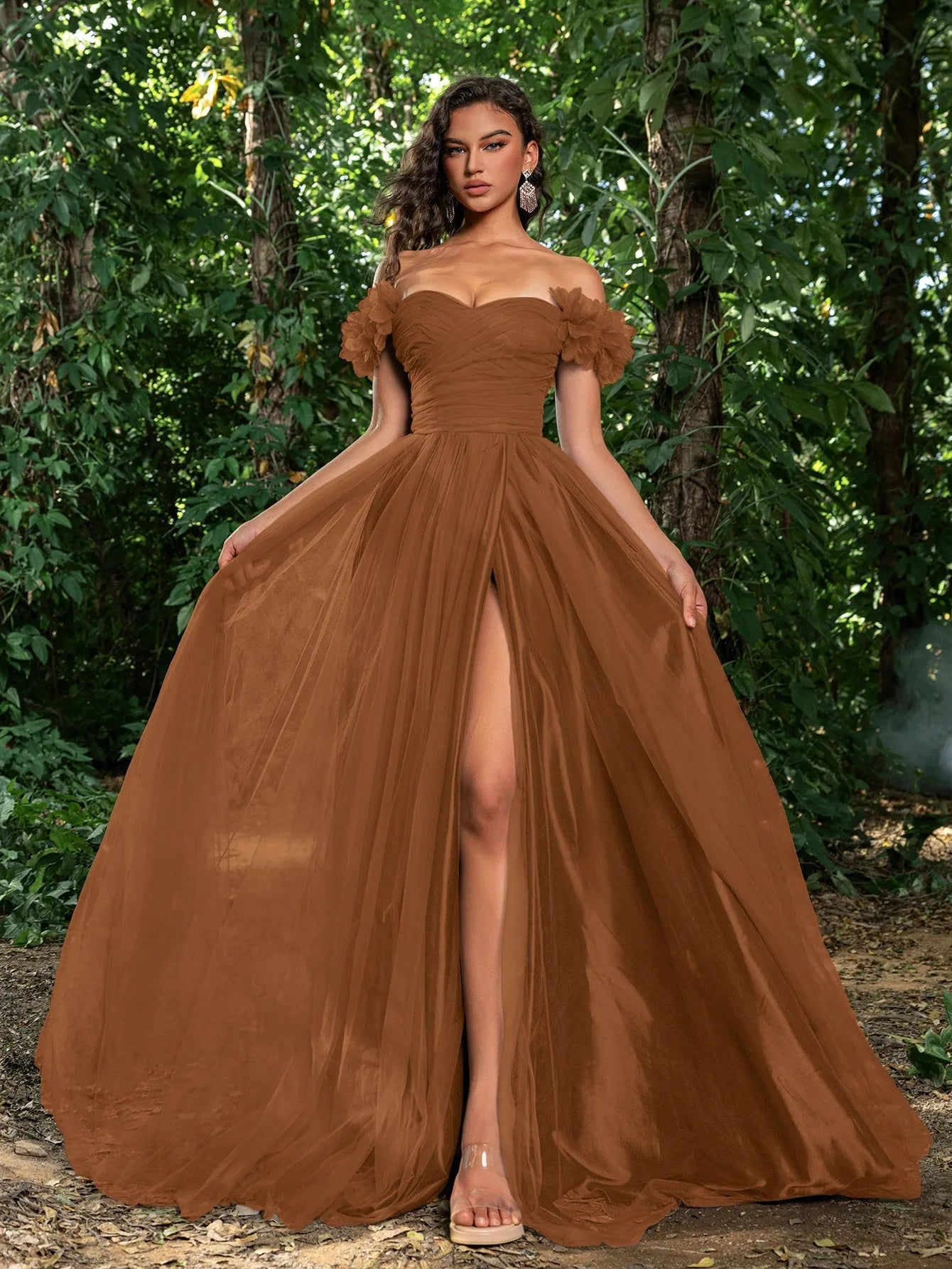 Elegant Off Shoulder Ruched Bust Split Thigh Tulle Prom Dress