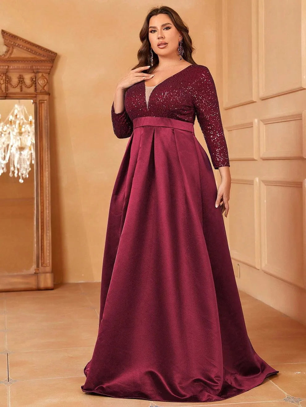 Plus Deep V Neck 3/4 Sleeve Slit A Line Prom Dress