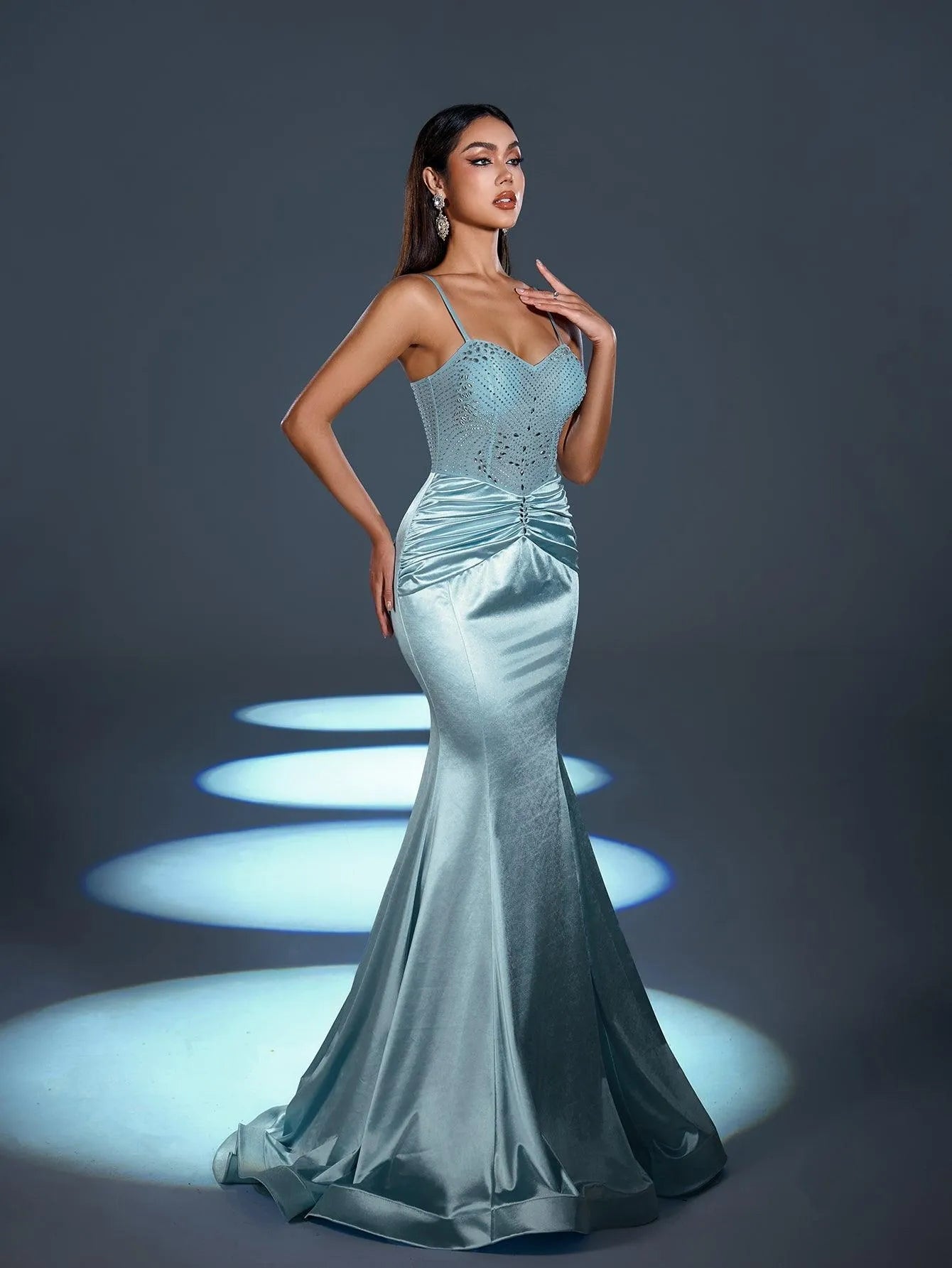 Rhinestone Detail Spaghetti Straps Satin Mermaid Dress