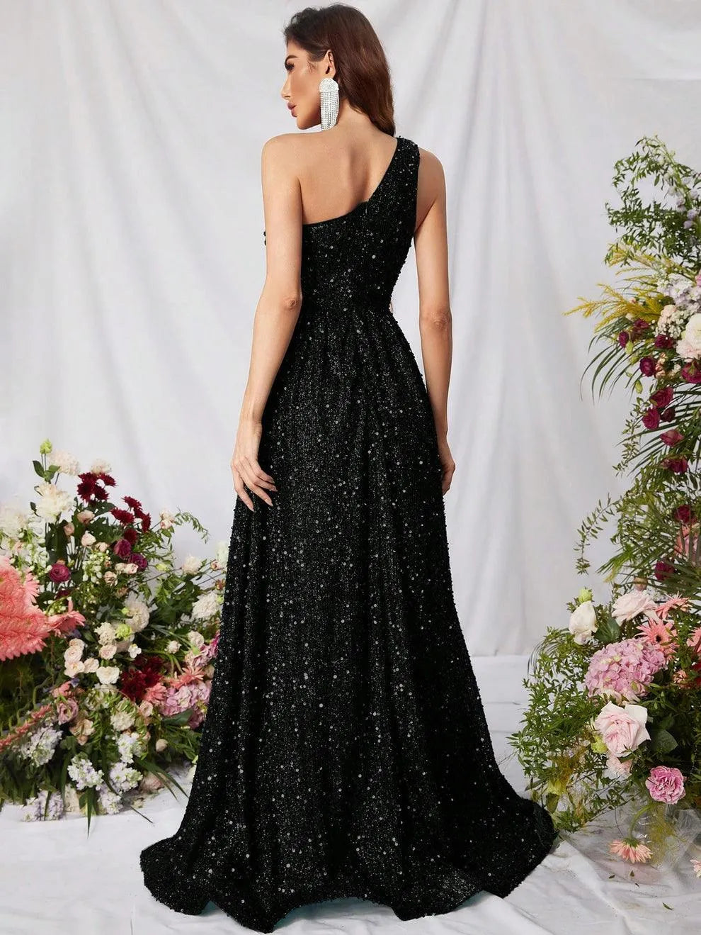 Elegant One Shoulder Sleeveless Sequin A Line Dresses