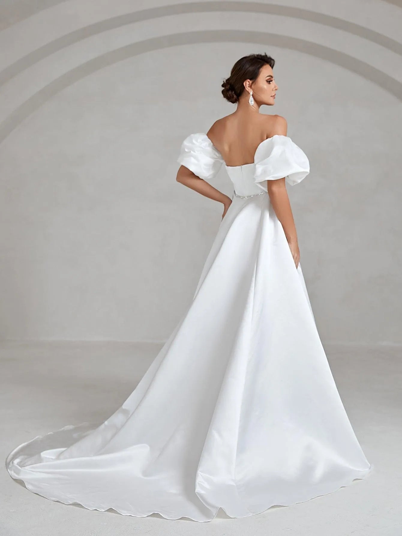 Puff Sleeve Rhinestone Waistband Satin Tube Wedding Dress