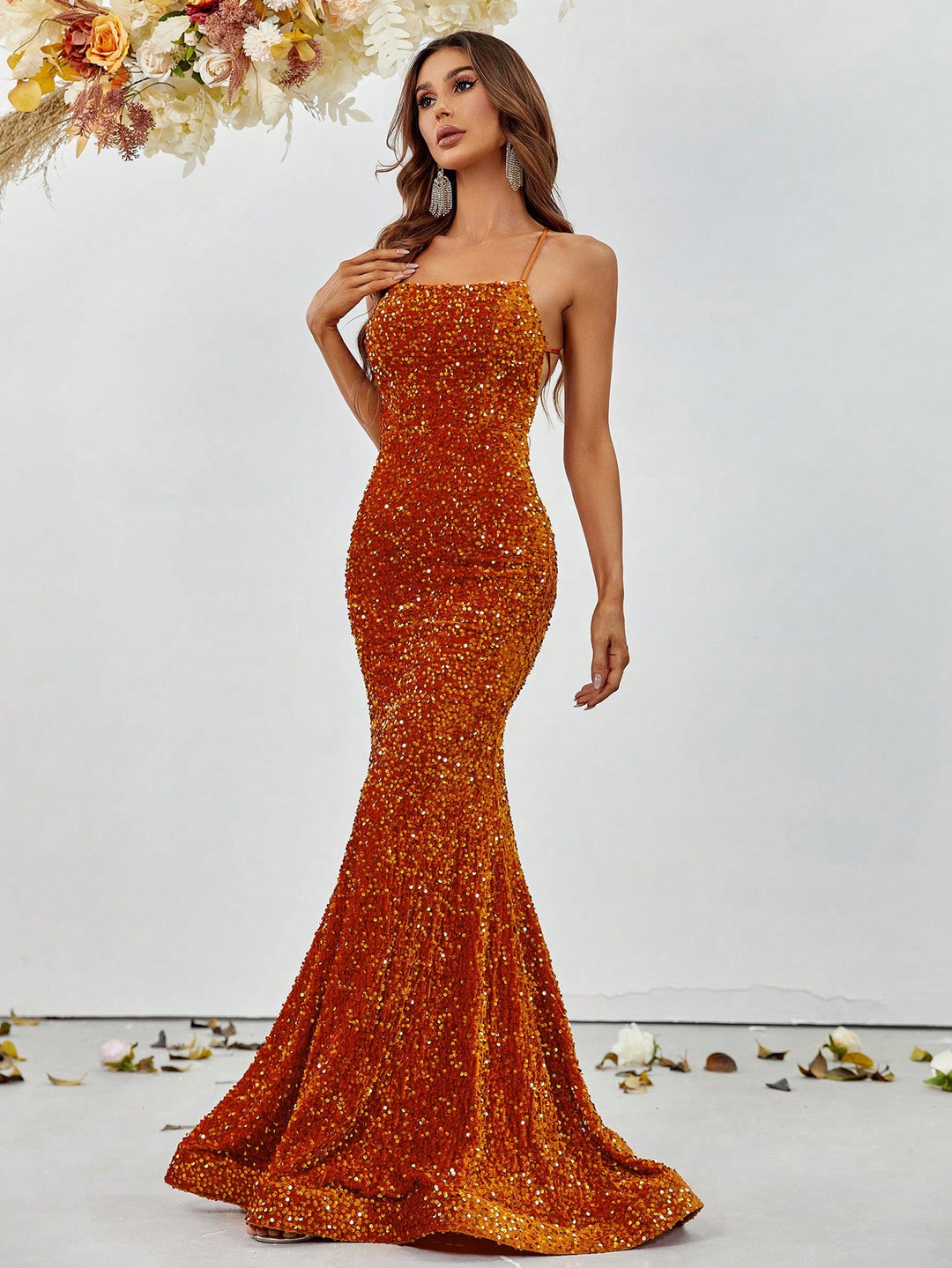 Spaghetti Strap Lace Up Back Sequin Mermaid Dress