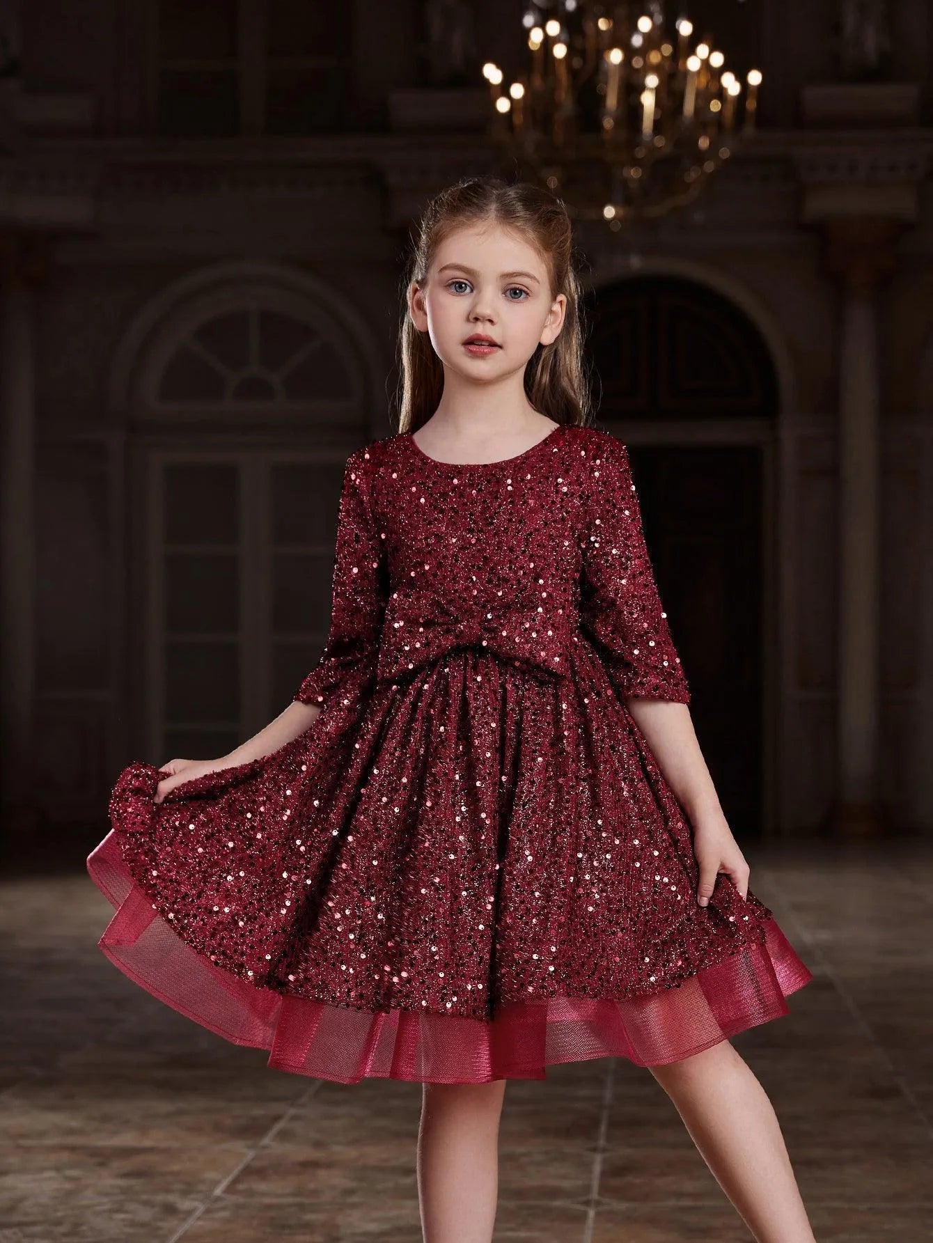 Tween Girls' Bow Detail 3/4 Sleeve Sequin Party Dress