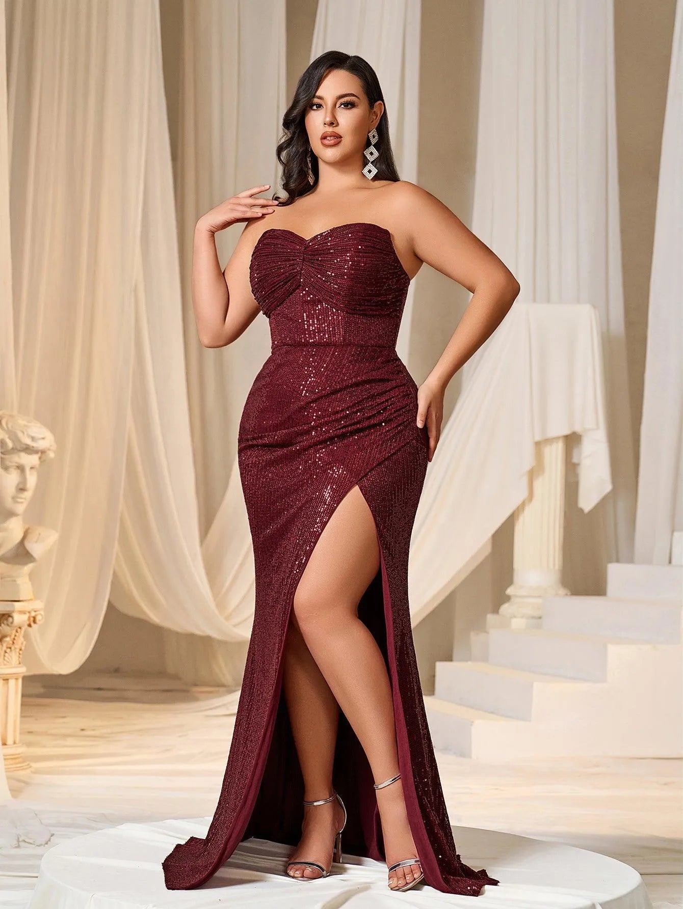 Plus Ruched Wrap Hem Sequin Party Tube Dress