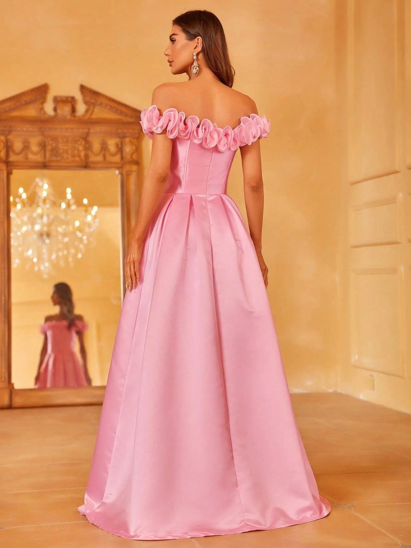 Off Shoulder Ruffle Trim Satin Prom Dress