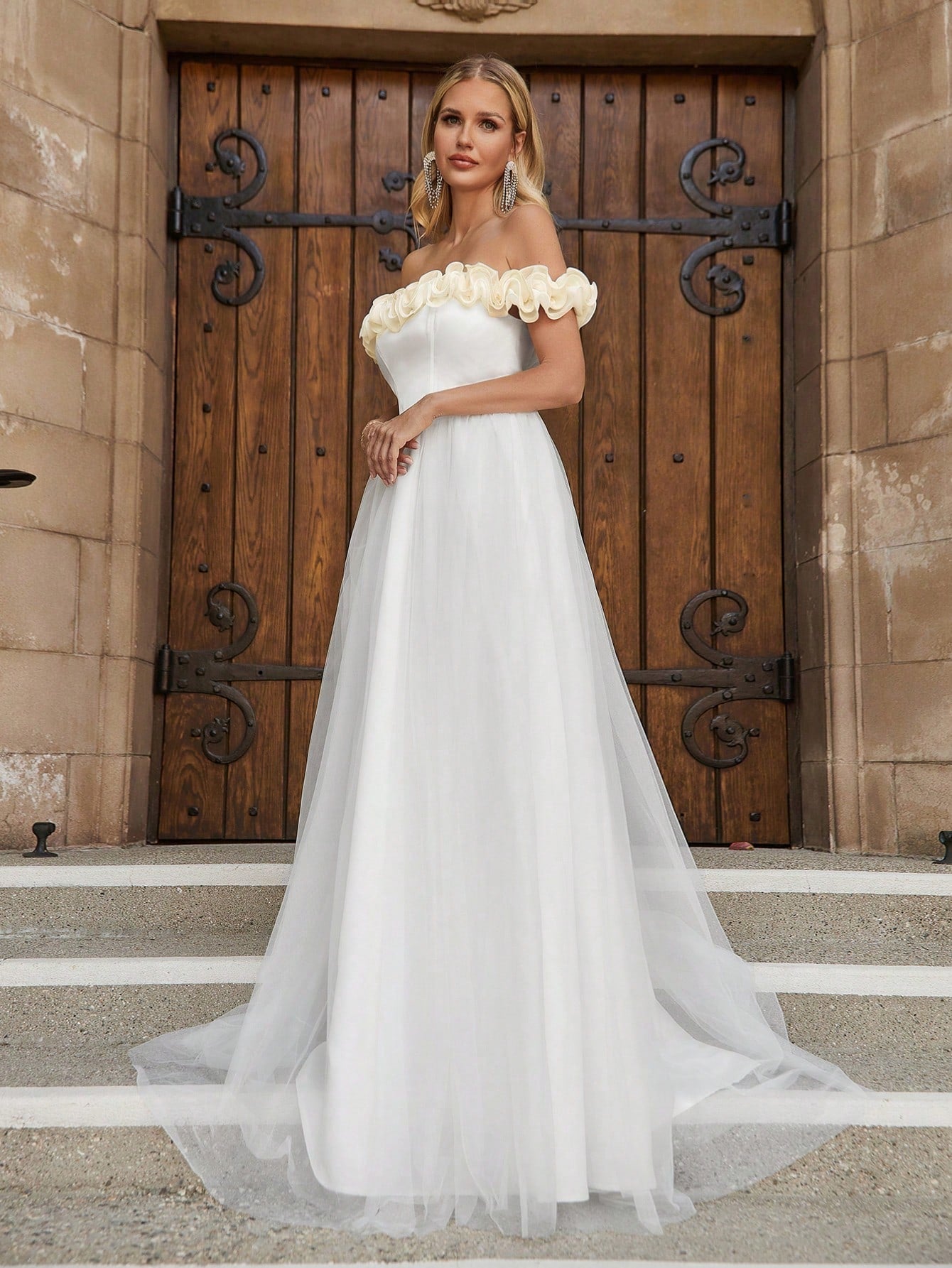 Off Shoulder Satin Bodice Contrast Organza Hem Wedding Dresses