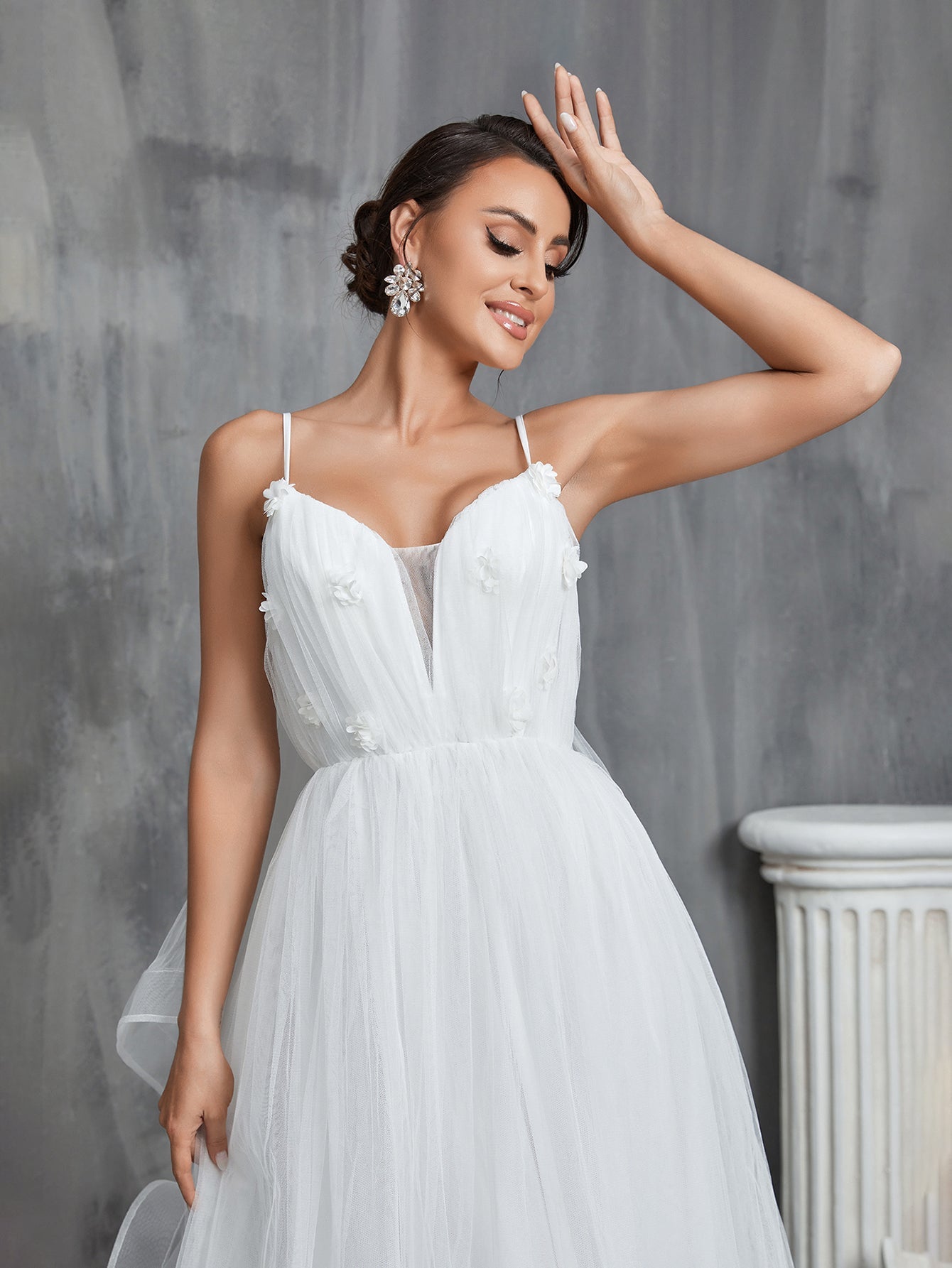 Applique Detail Ruffle Trim Mesh Cami Wedding Dress