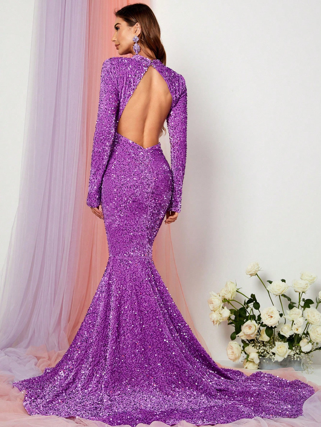 Stand Neck Cut Cut Backless Long Sleeve Mermaid Prom Dresses