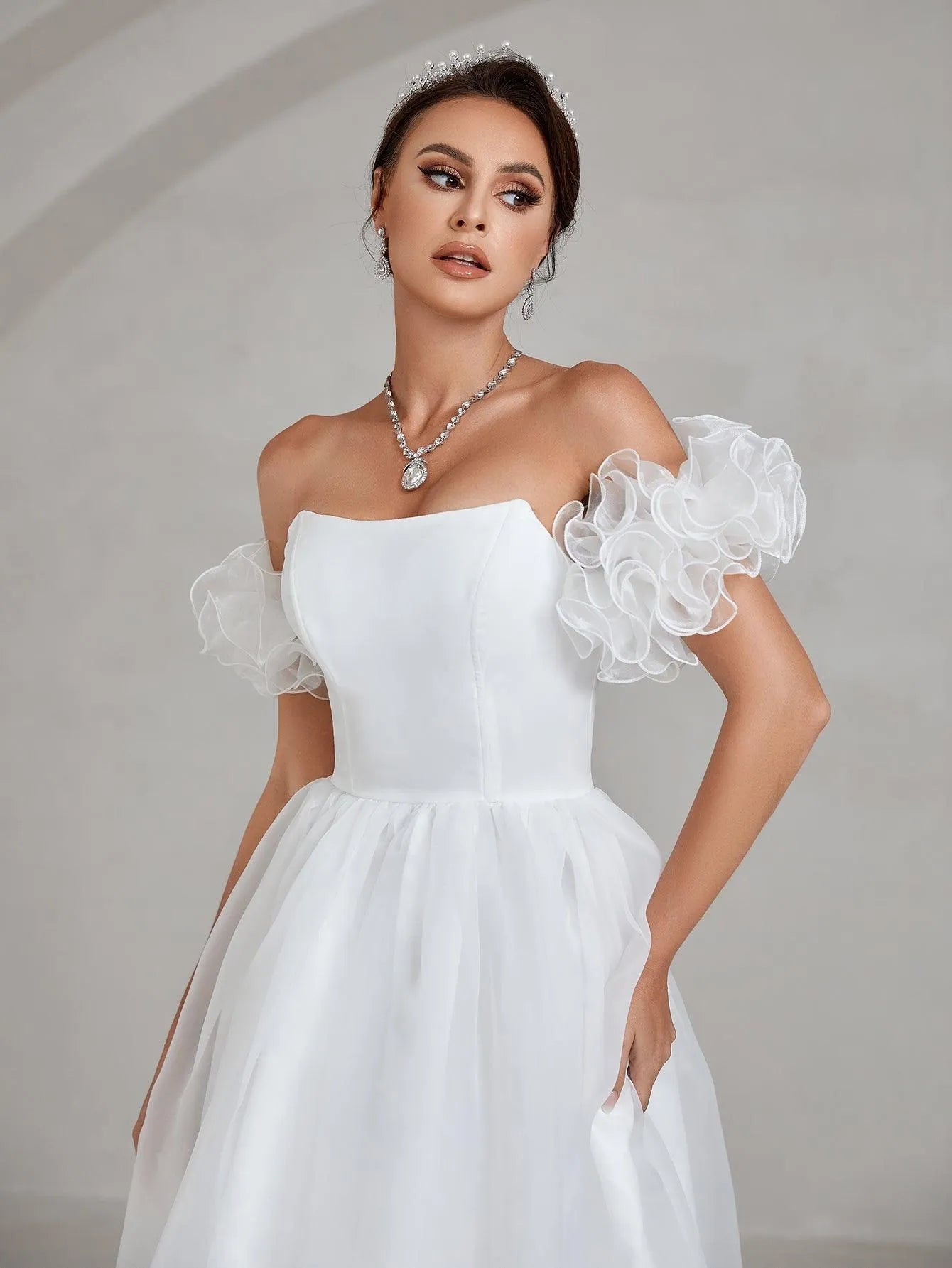 Ruffle Sleeve Organza Tube Wedding Dress