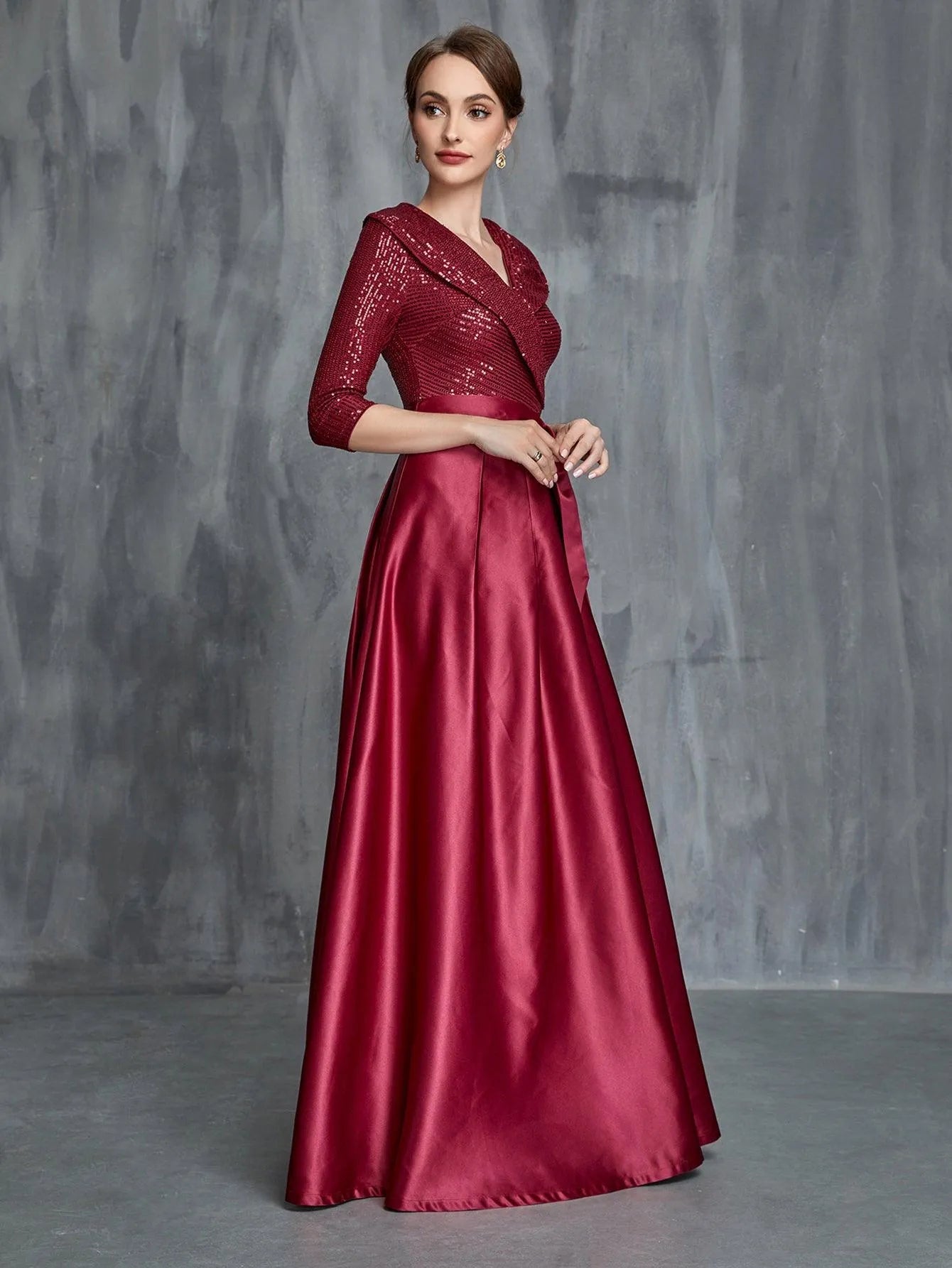 Womens' Shawl Collar Sequin Contrast Satin Formal Dress