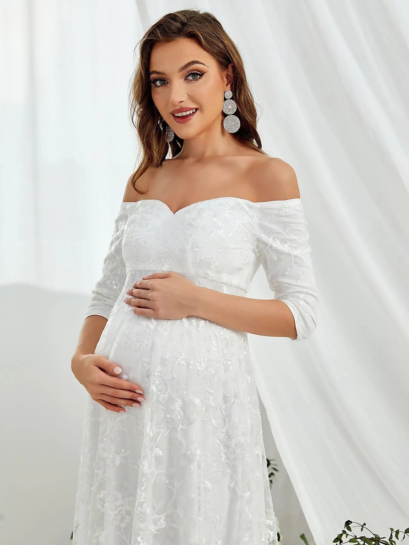 Maternity Off Shoulder Embroidered Mesh Wedding Dress