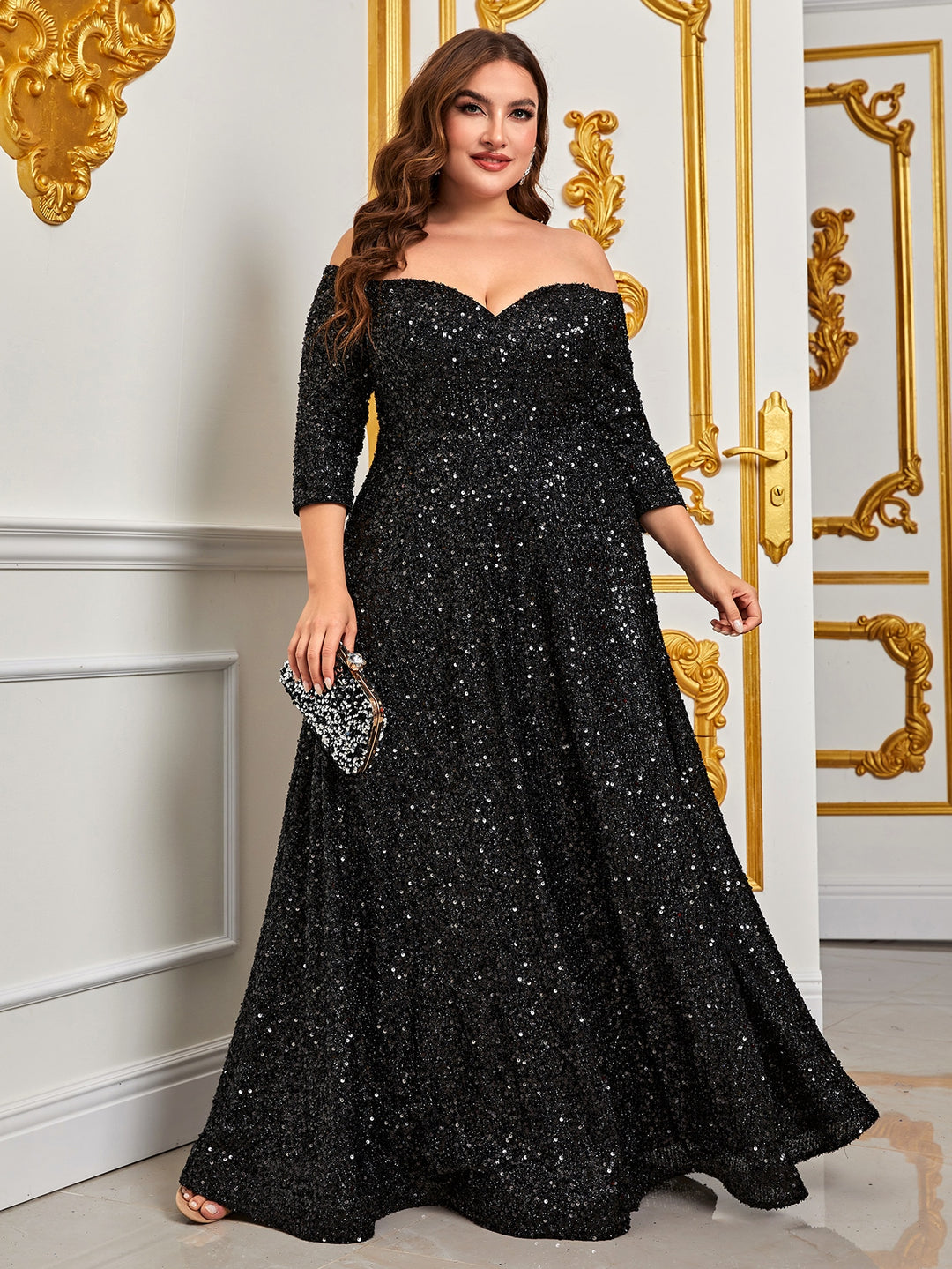 Plus 3/4 Sleeve Off Shoulder Sequin A Line Dresses