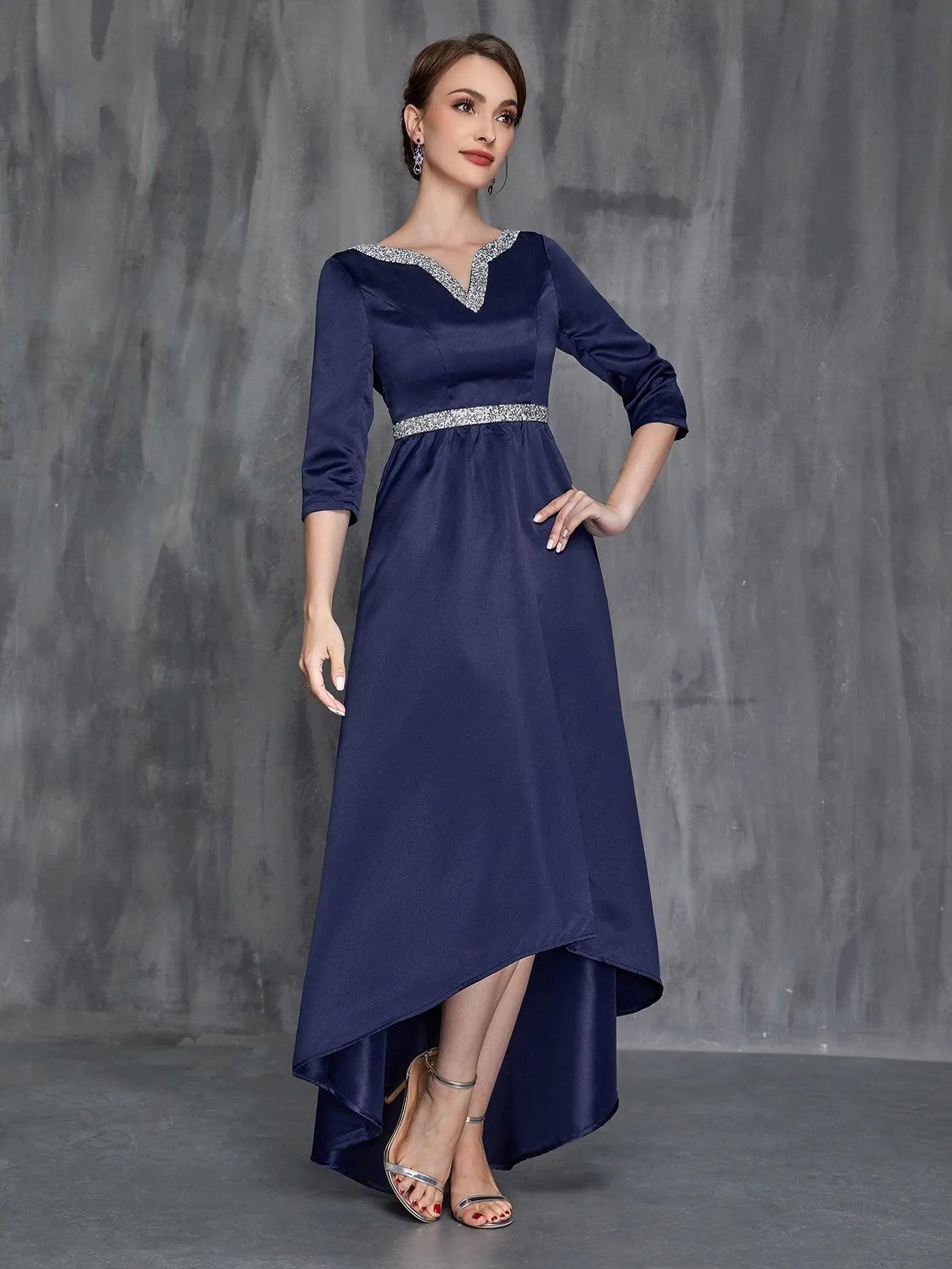 Womens' Notched Neck High Low Hem Satin Formal Dress