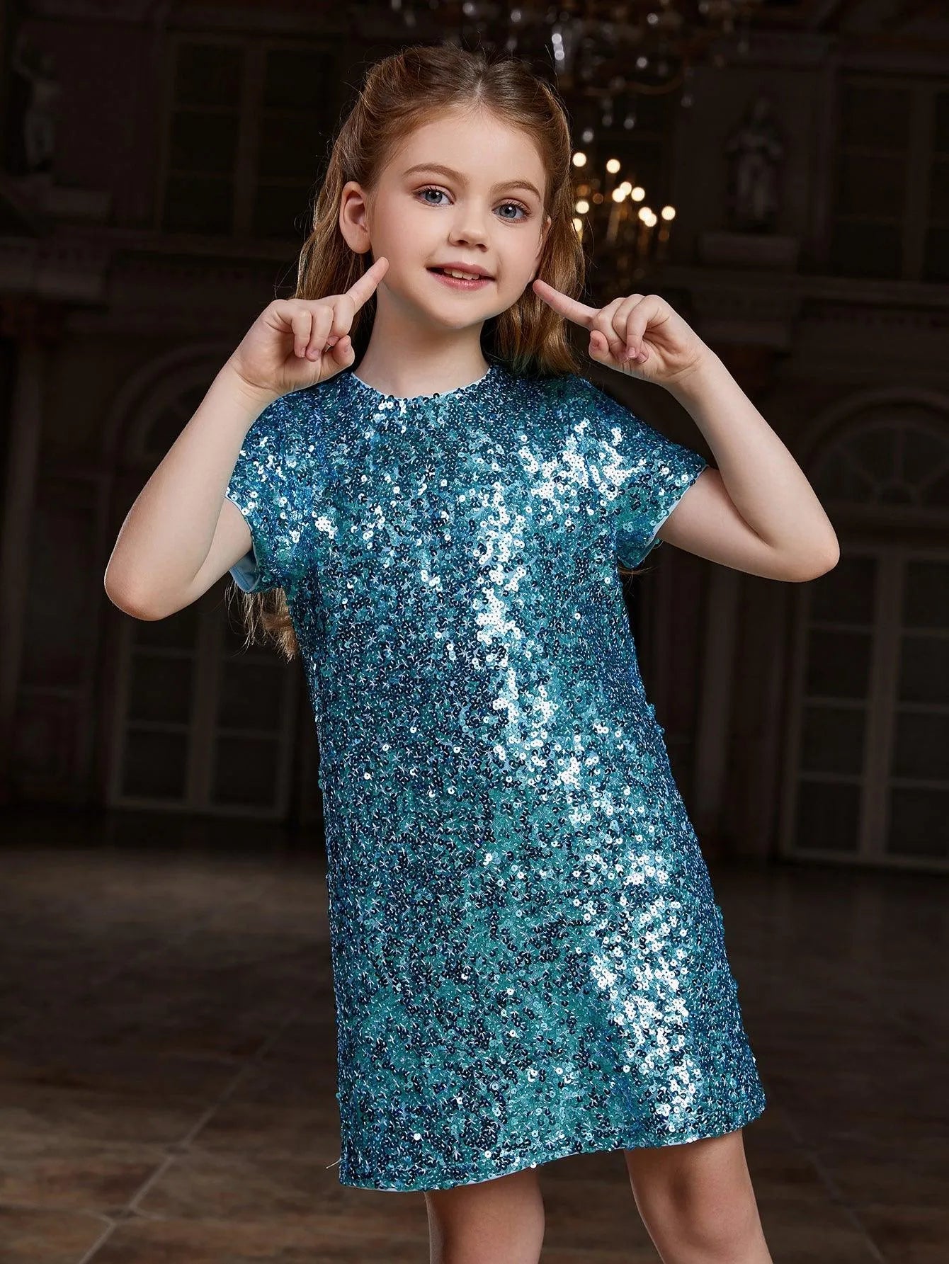 Tween Girls' Round Neck Short Sleeves Sequin Dress