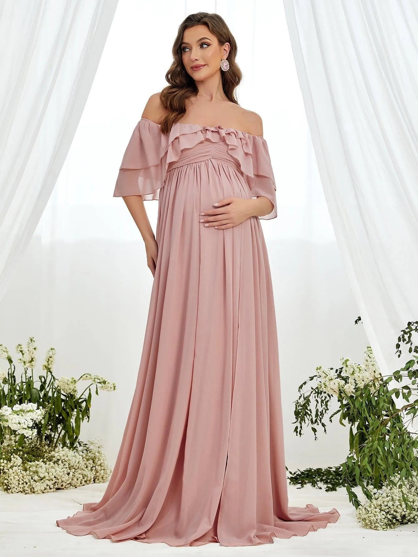 Maternity Off Shoulder Ruched Bust Layered Sleeves Chiffon Dress