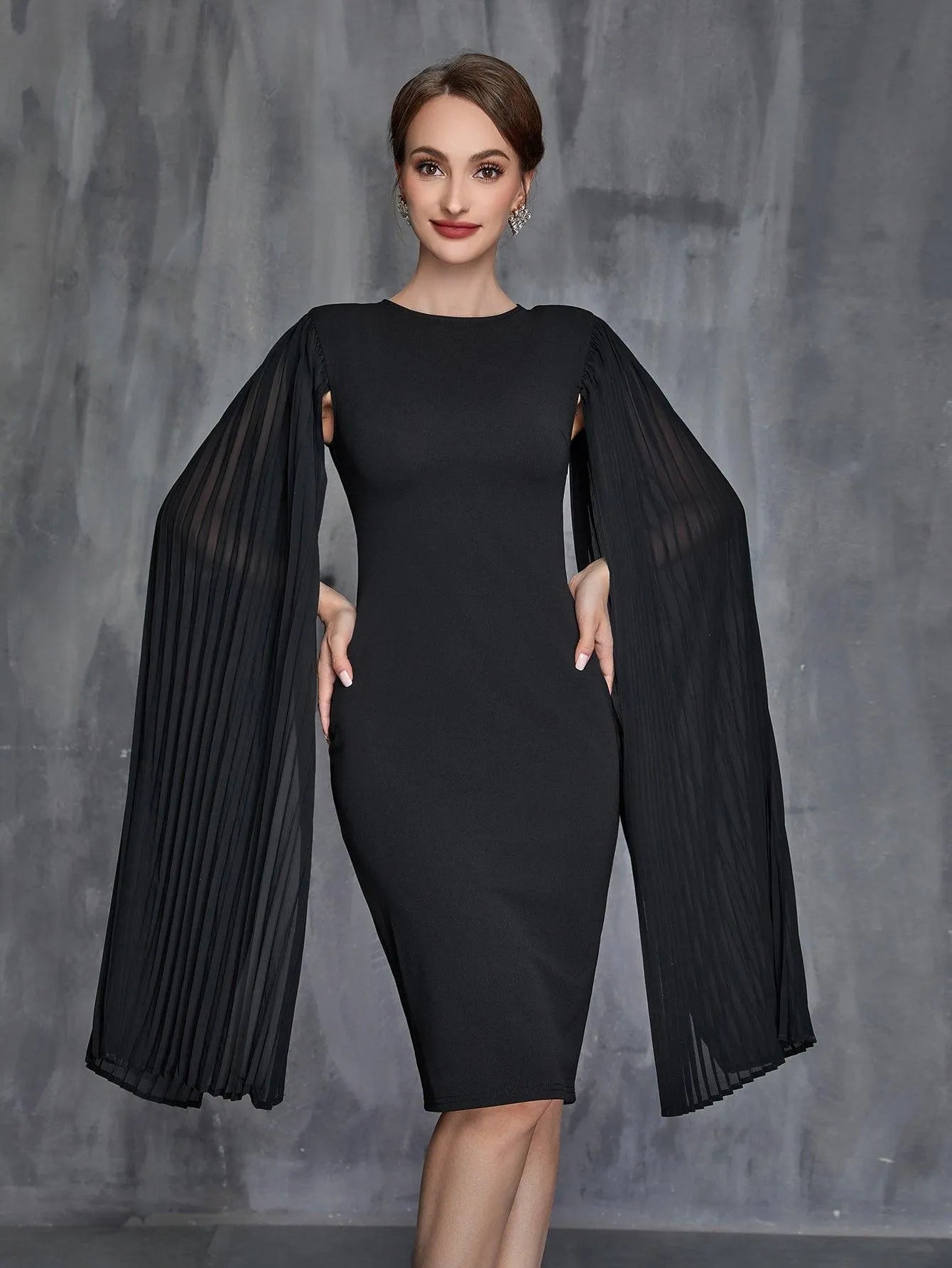 Womens' Pleated Cloak Sleeves Midi Dress