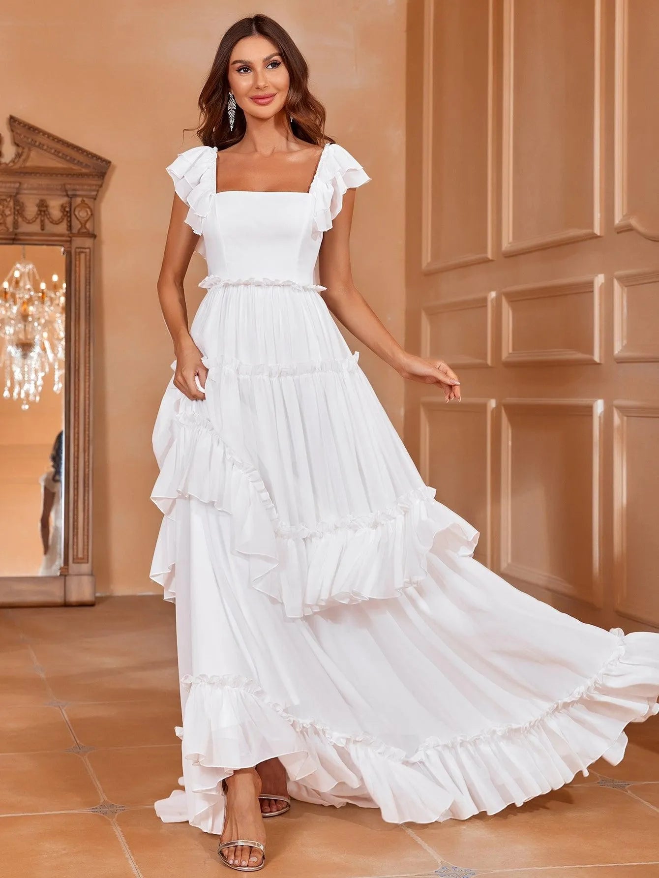 Backless Ruffle Layered Chiffon Dress