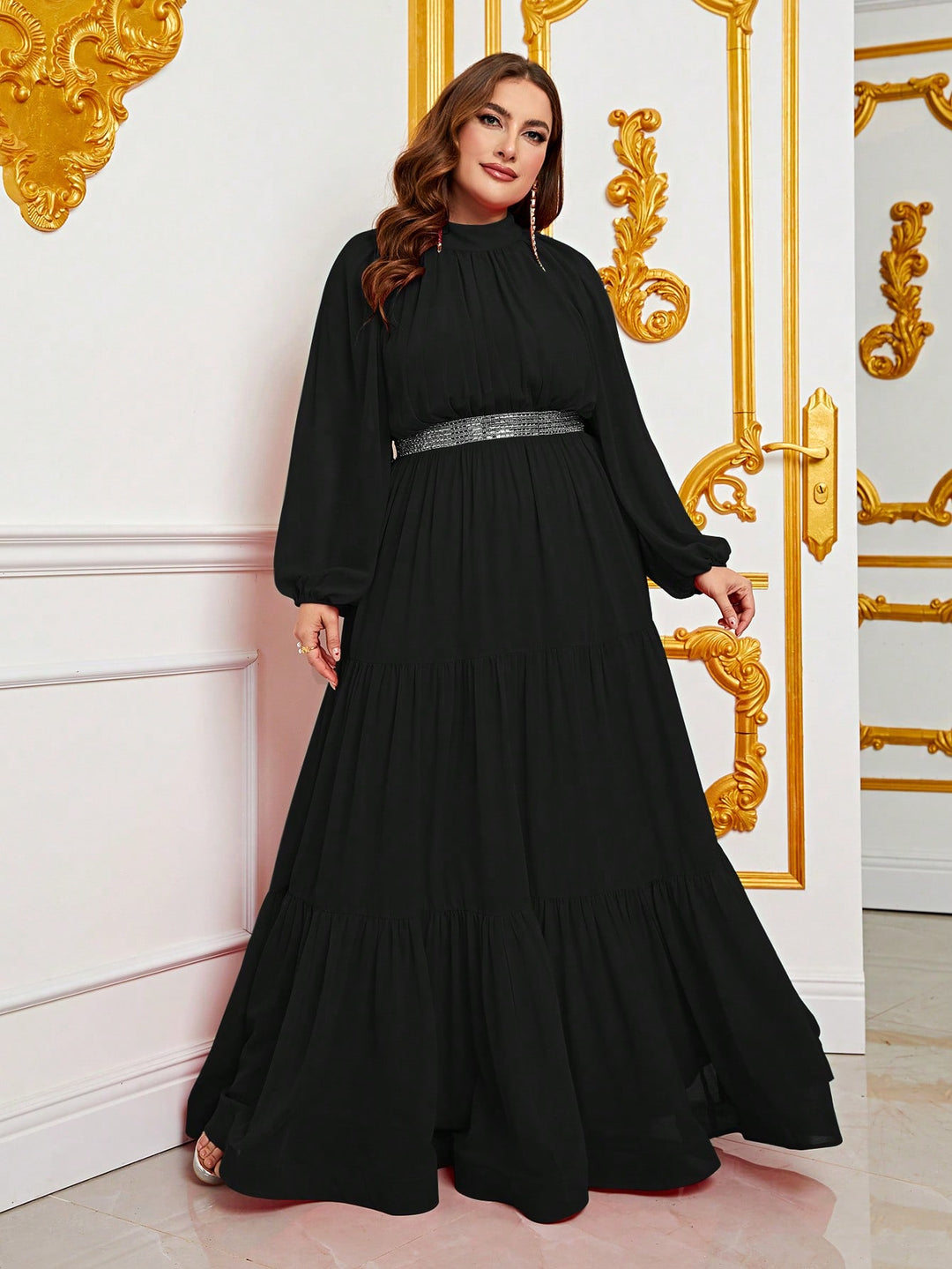 Plus Size Stand Neck Lantern Sleeve Ruffle Hem A line Dresses