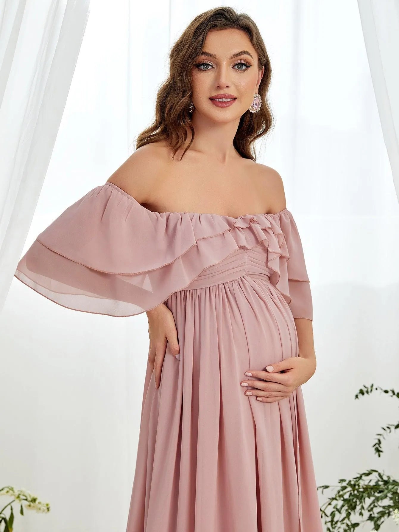 Maternity Off Shoulder Ruched Bust Layered Sleeves Chiffon Dress