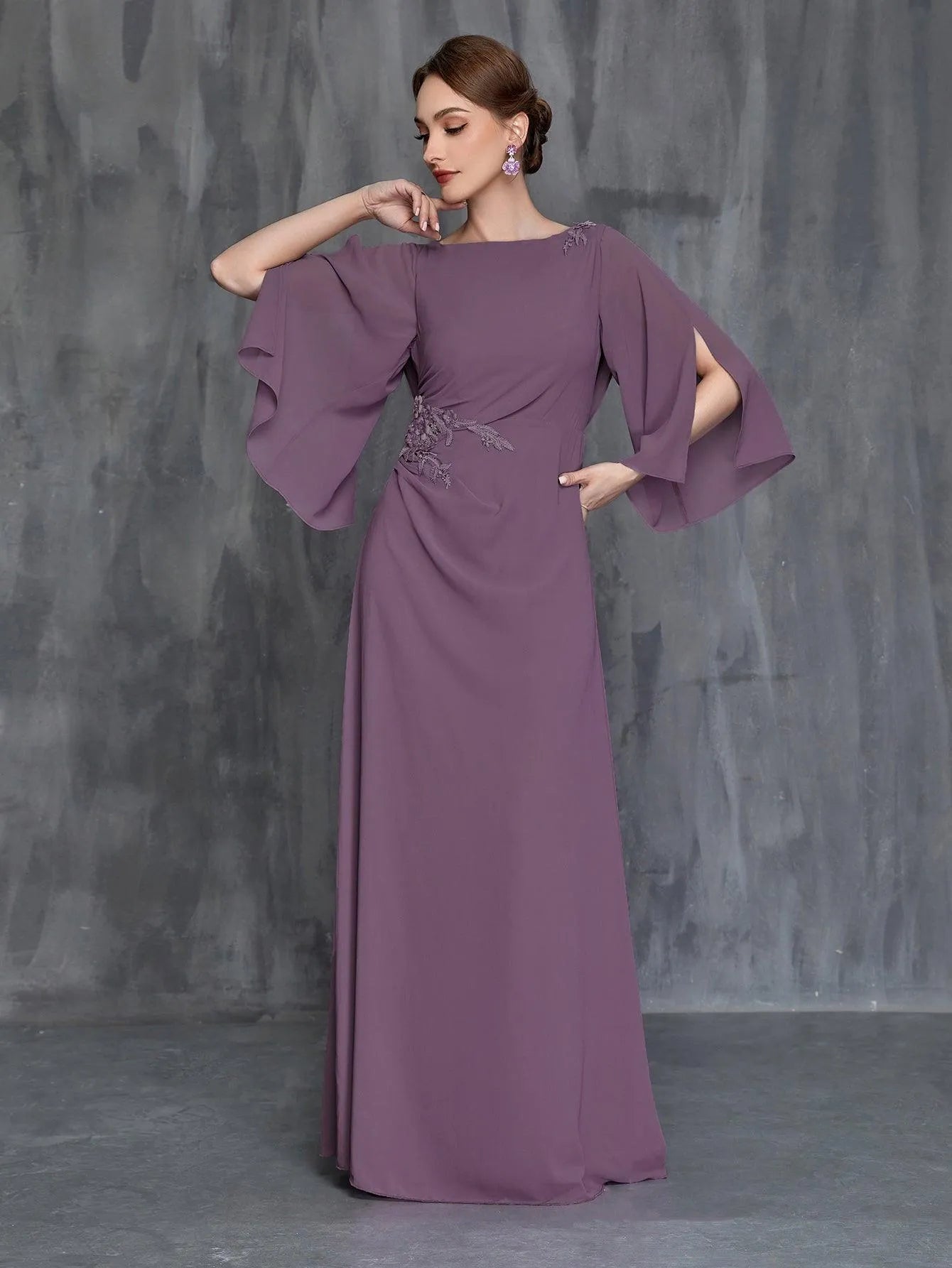 Womens' Applique Decor 3/4 Sleeves Chiffon Formal Dress