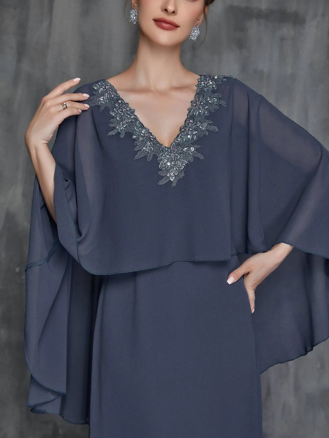 Womens' Solid Applique Detail V Neck Chiffon Cape Dress