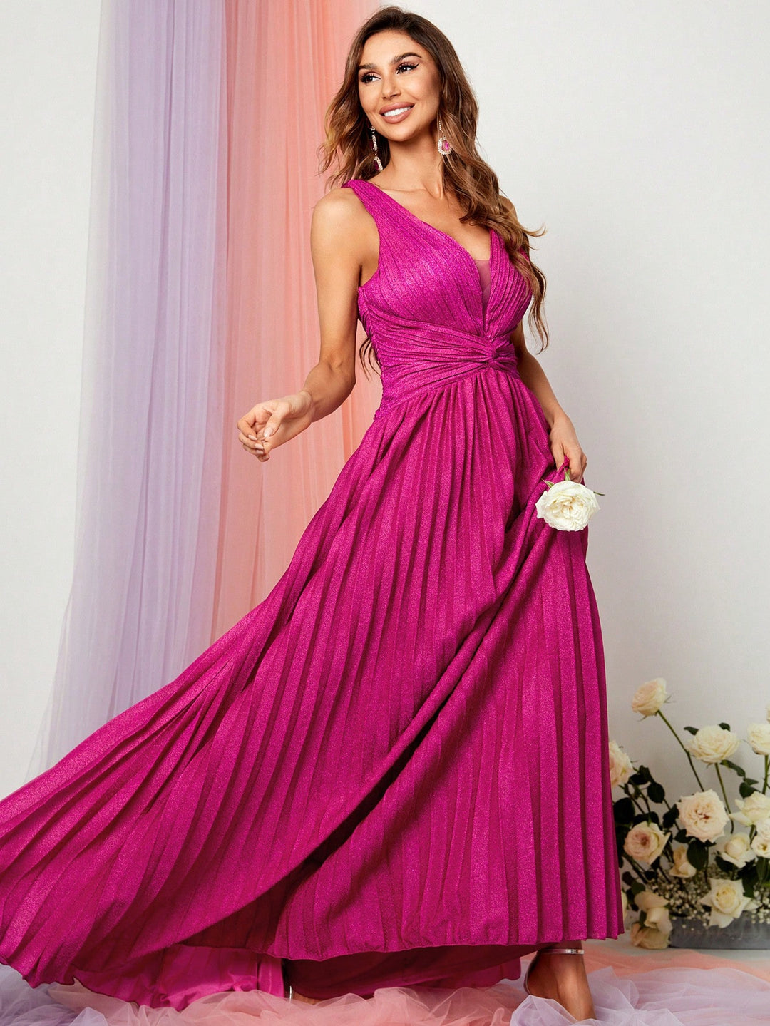 Glitter V Neck Sleeveless Maxi A Line Pleated Gown