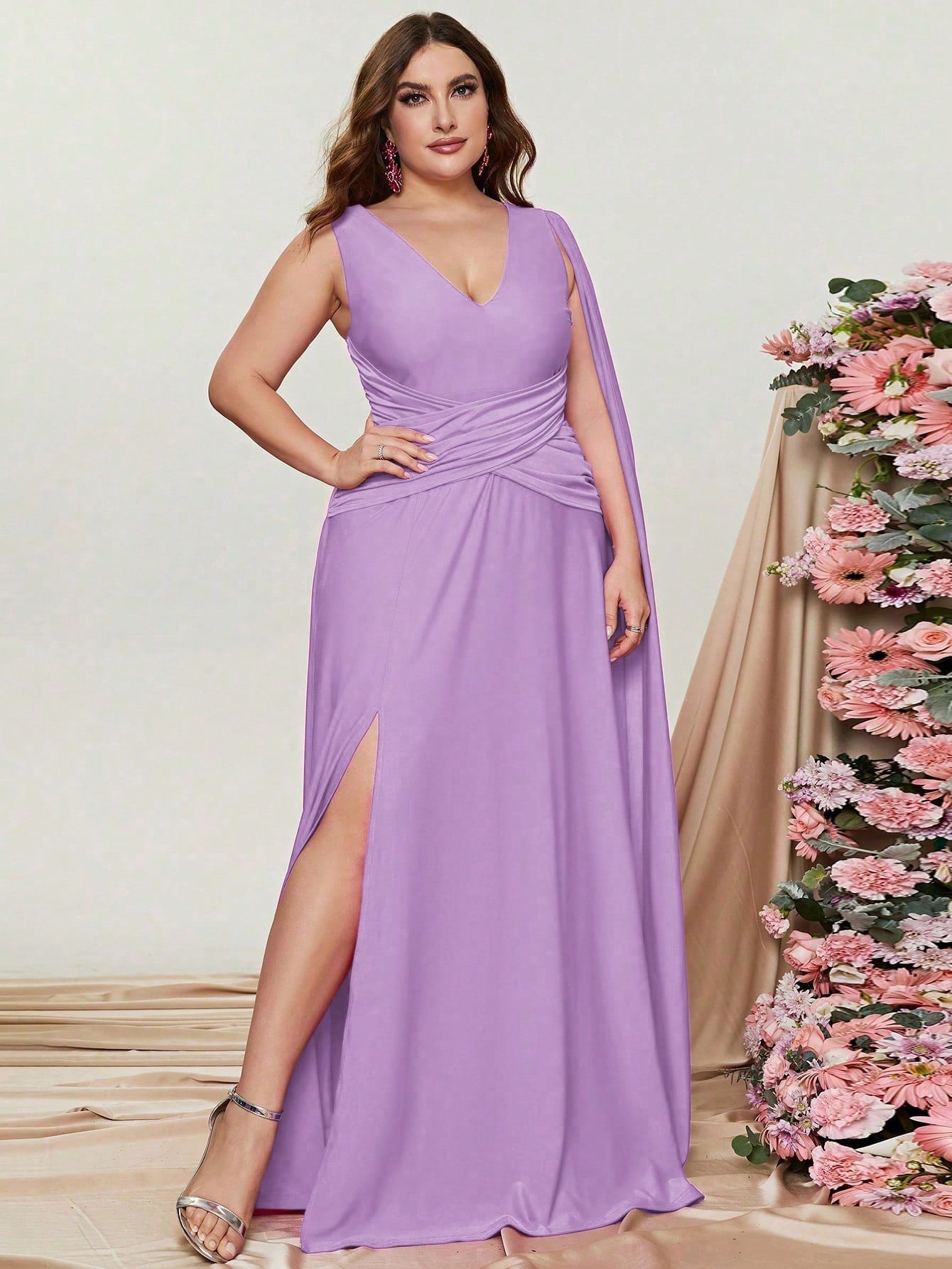 Plus Violet Ruched Draped Side  A Line Dresses