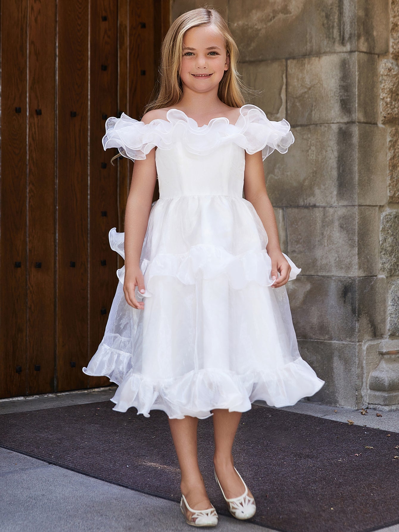 Girl's Ruffle Trim Organza Overlay Party Dress