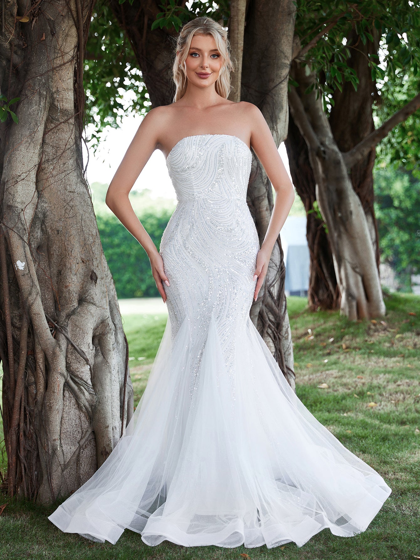 Elegant Mesh Insert Mermaid Hem Sequin Tube Wedding Dresses