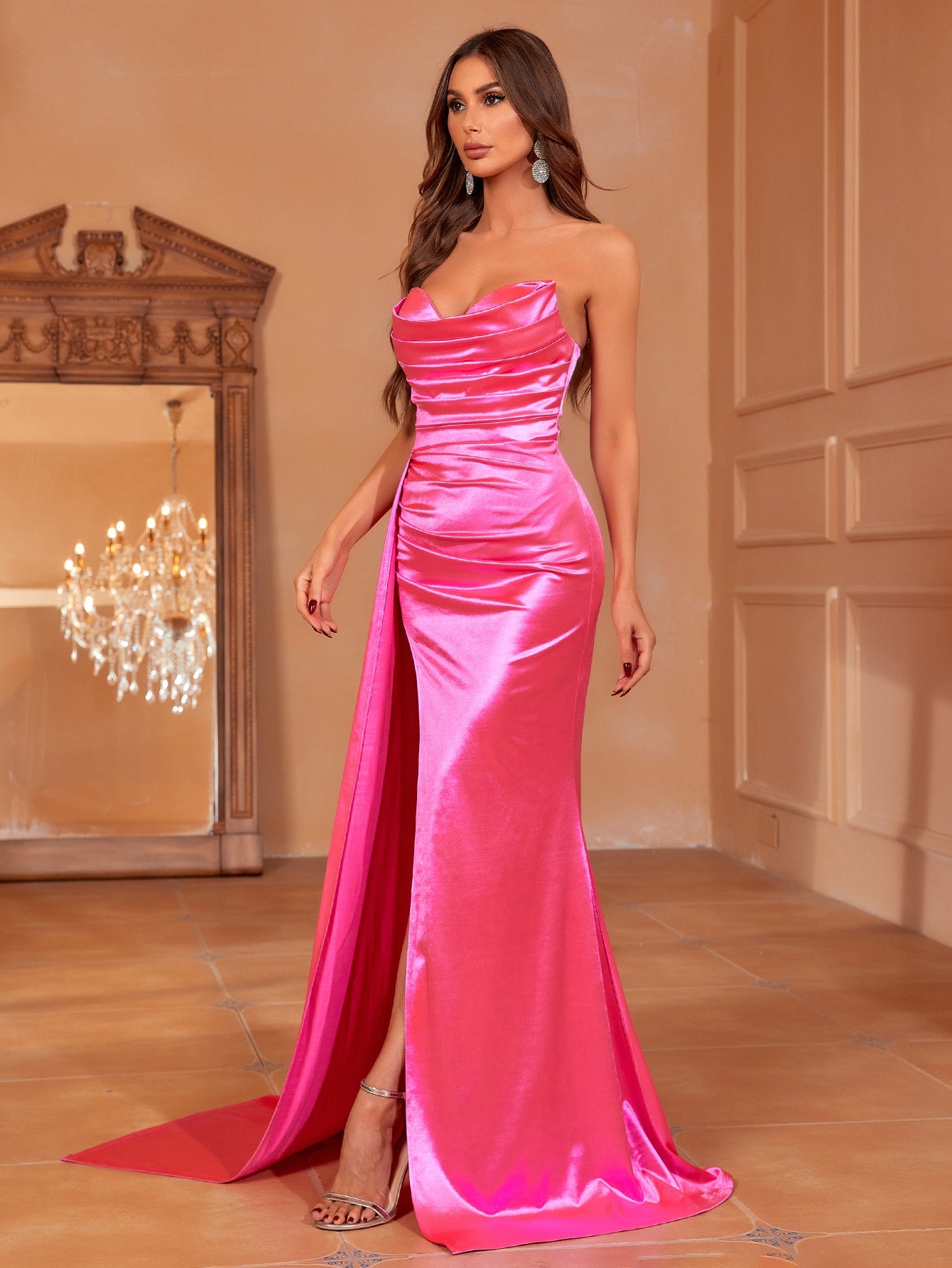 Elegant Ruched Front Draped Side Split Satin Tube Dresses