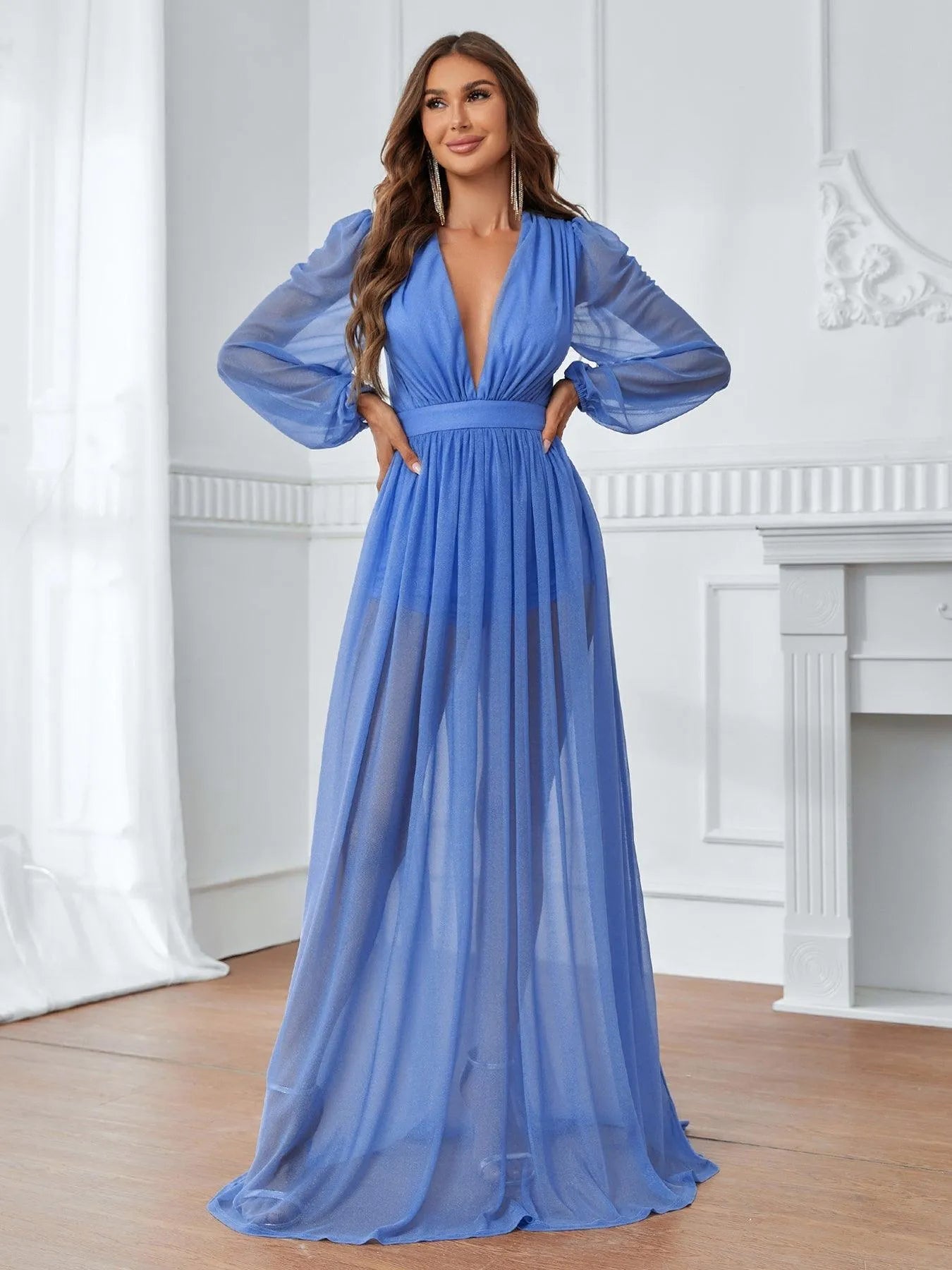 Plunging Neck Lantern Sleeve Floor Length A Line Dress