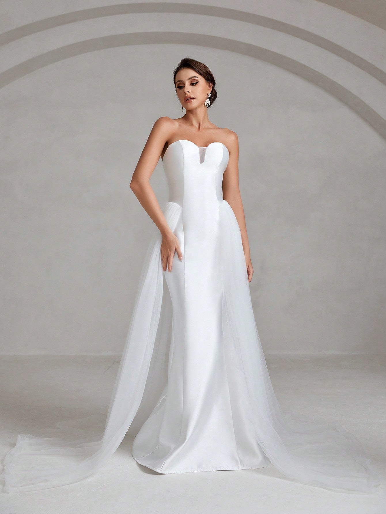 Mesh Overlay Satin Tube Wedding Dress