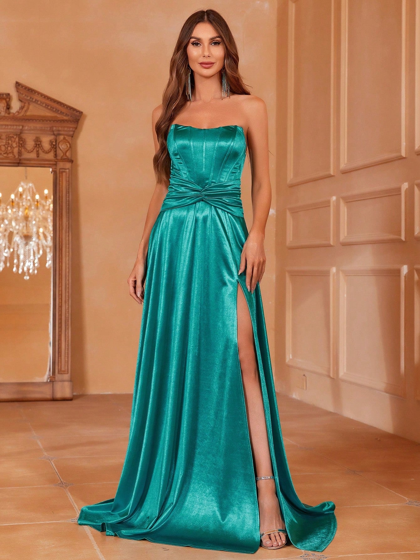 Twist Front Split Thigh Satin Tube Formal Dress