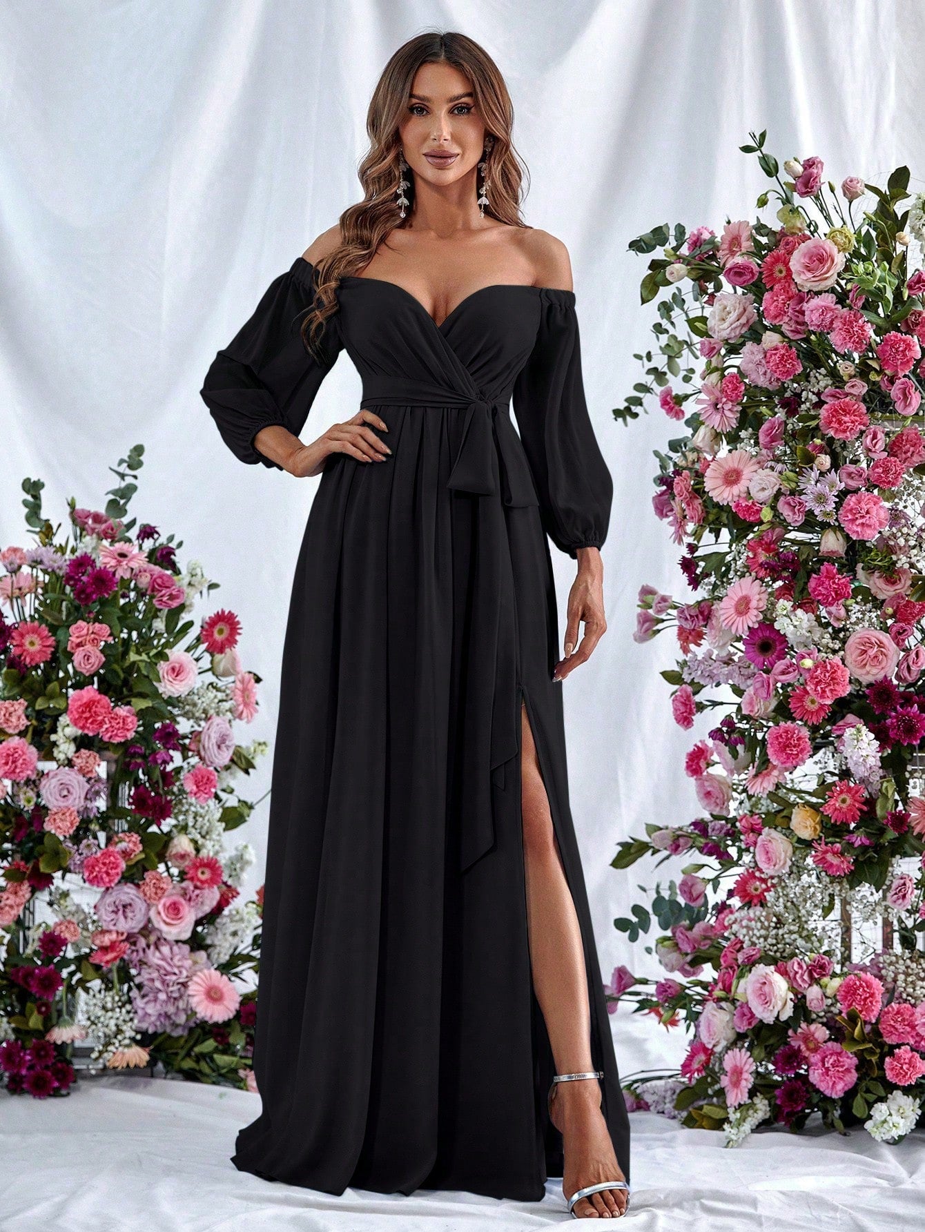 Off Shoulder Split Thigh Belted Chiffon A Line Dress