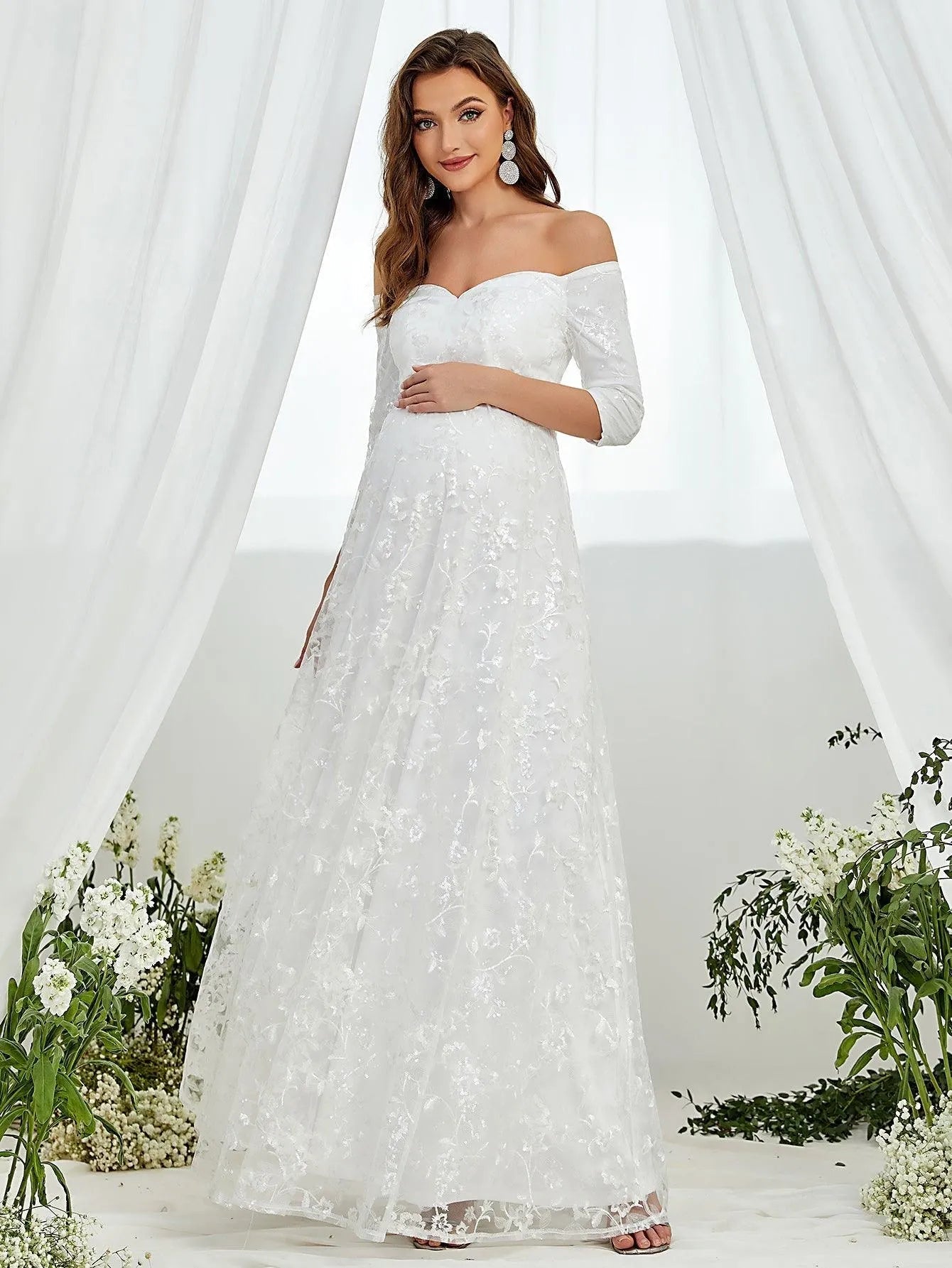 Maternity Off Shoulder Embroidered Mesh Wedding Dress