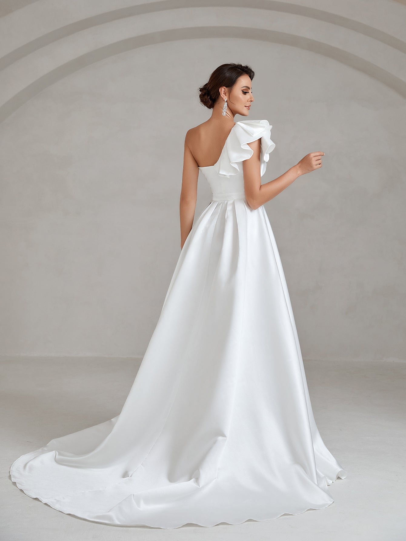 Ruffle Trim One Shoulder Split Thigh Satin A Line Wedding Dress