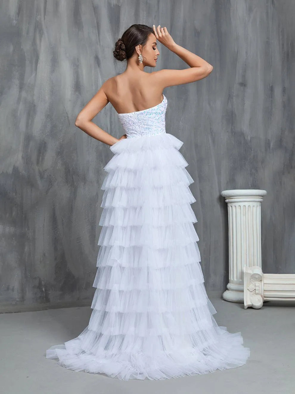 Sequin Bodice Contrast Cascading Ruffle Wedding Dresses