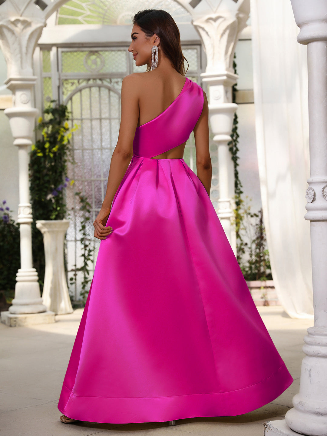 Cut Out One Shoulder Sleeveless Satin A line Dresses