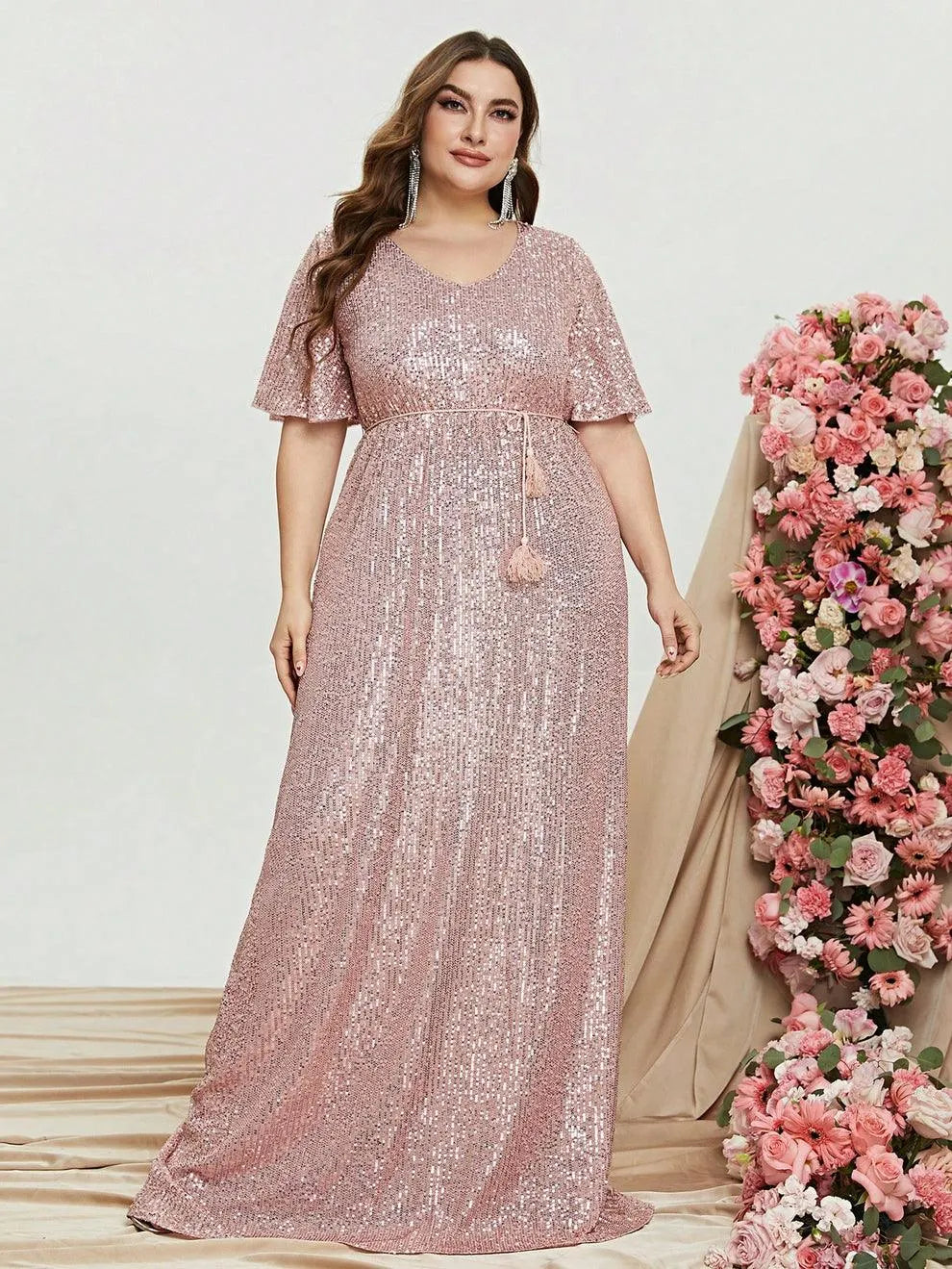 Plus Butterfly Sleeve Sequin Prom Dress