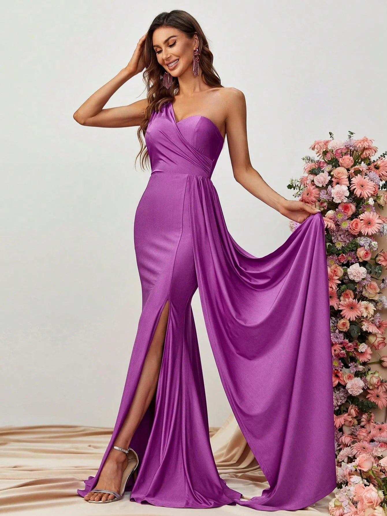 One Shoulder Draped Side Split Thigh Formal Dress