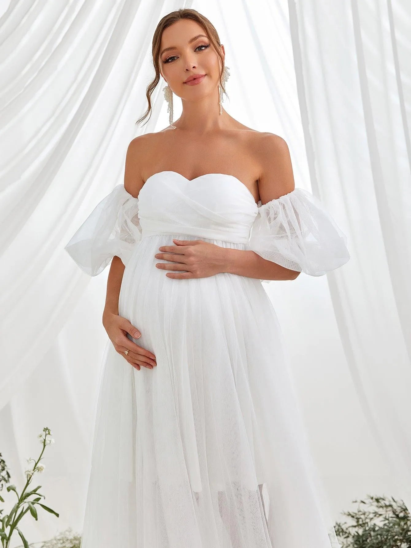 Maternity Off Shoulder Puff Sleeve Mesh Overlay Dress