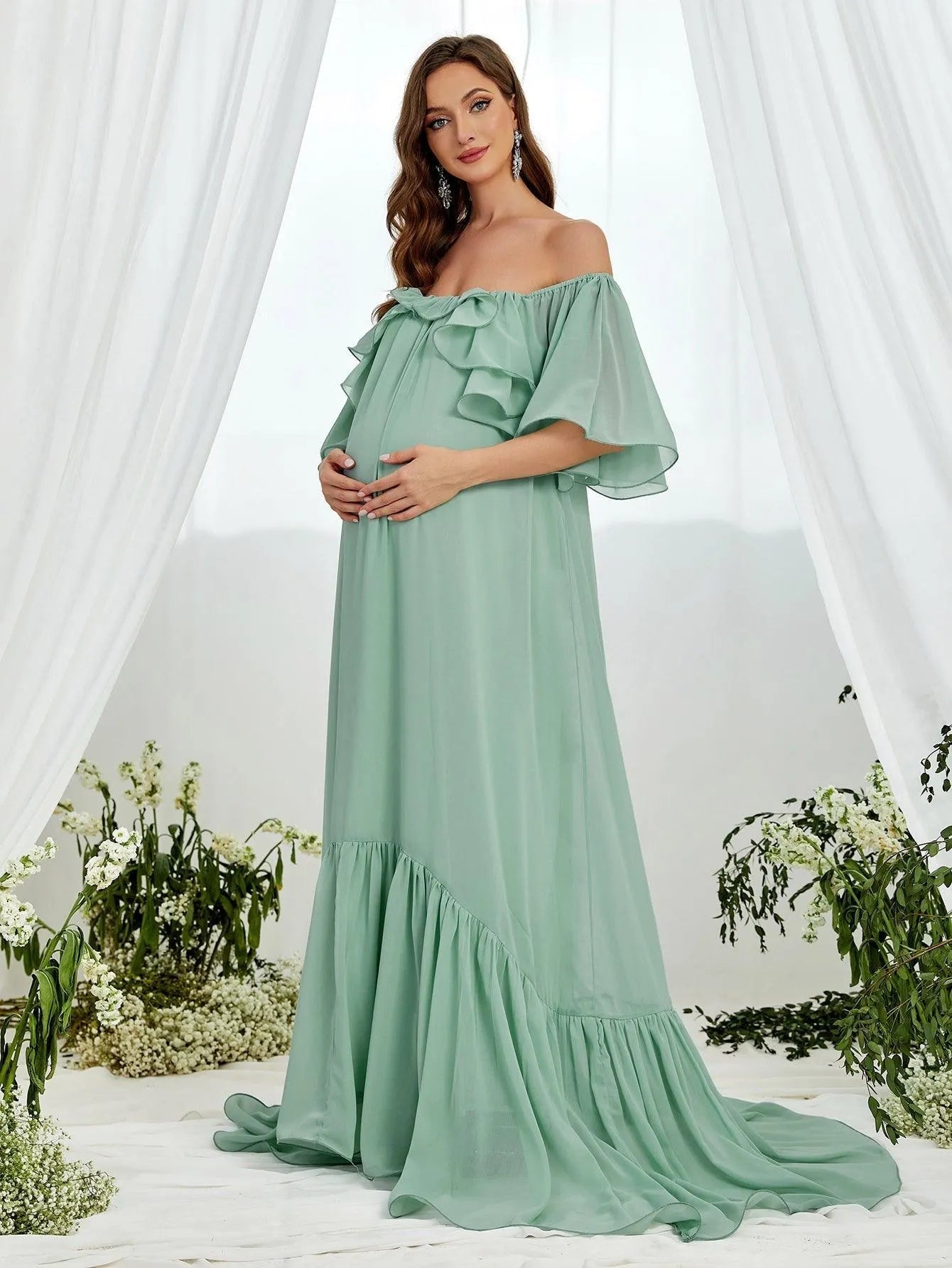 Maternity Off Shoulder Layered Ruffle Sleeves Chiffon Dress