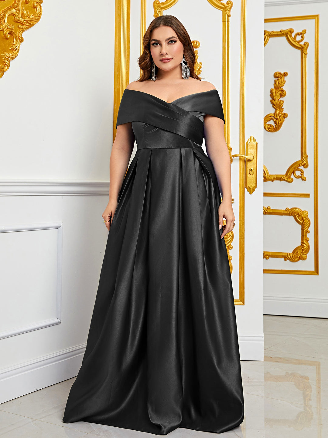 Plus Elegant Off Shoulder Satin A Line Gown