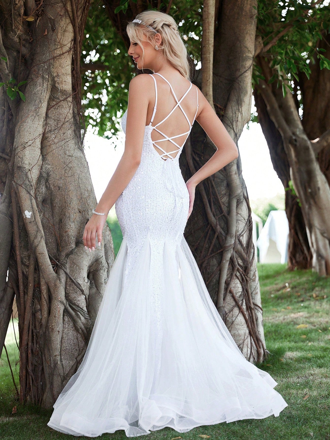 Lace Up Backless Mermaid Hem Sequin Cami Wedding Dresses