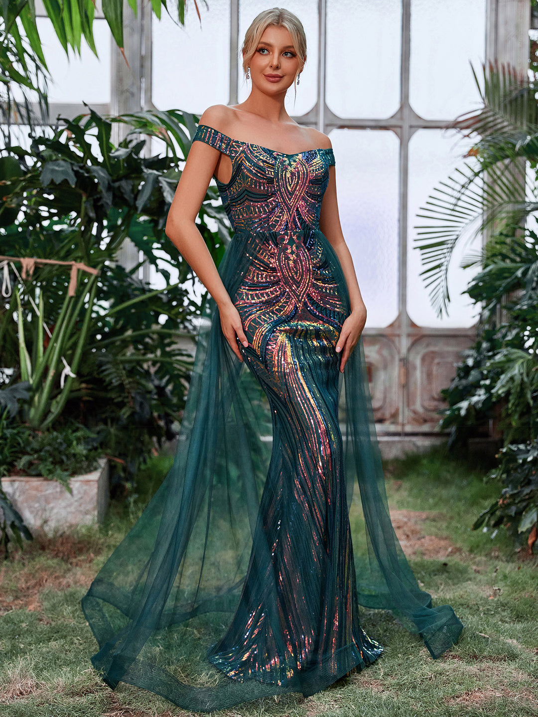 Off Shoulder Mesh Panel Sequin Mermaid Dress