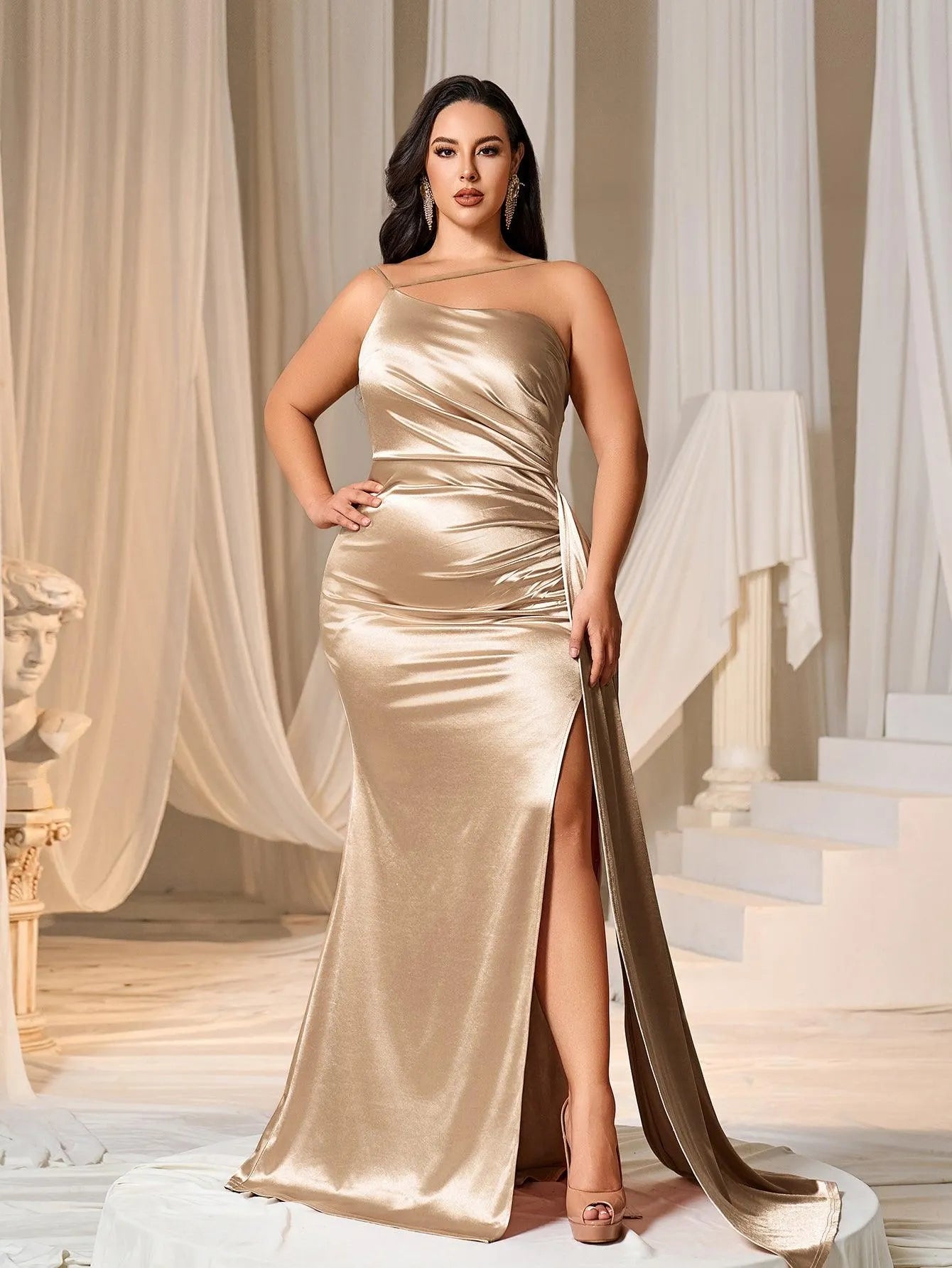 Plus Asymmetric Neckline Satin Mermaid Party Dress