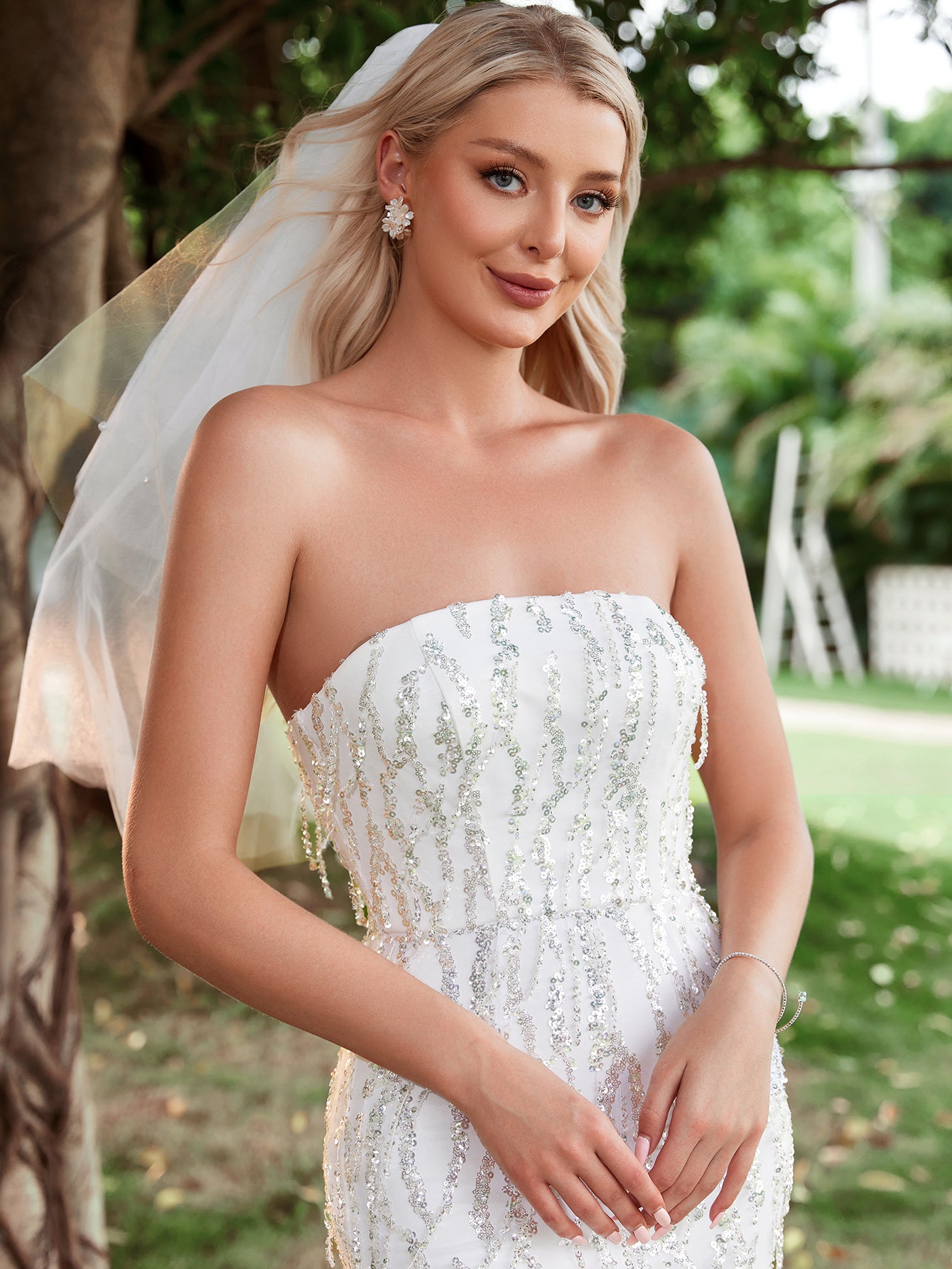 Mesh Insert Mermaid Hem Sequin Tube Wedding Dresses